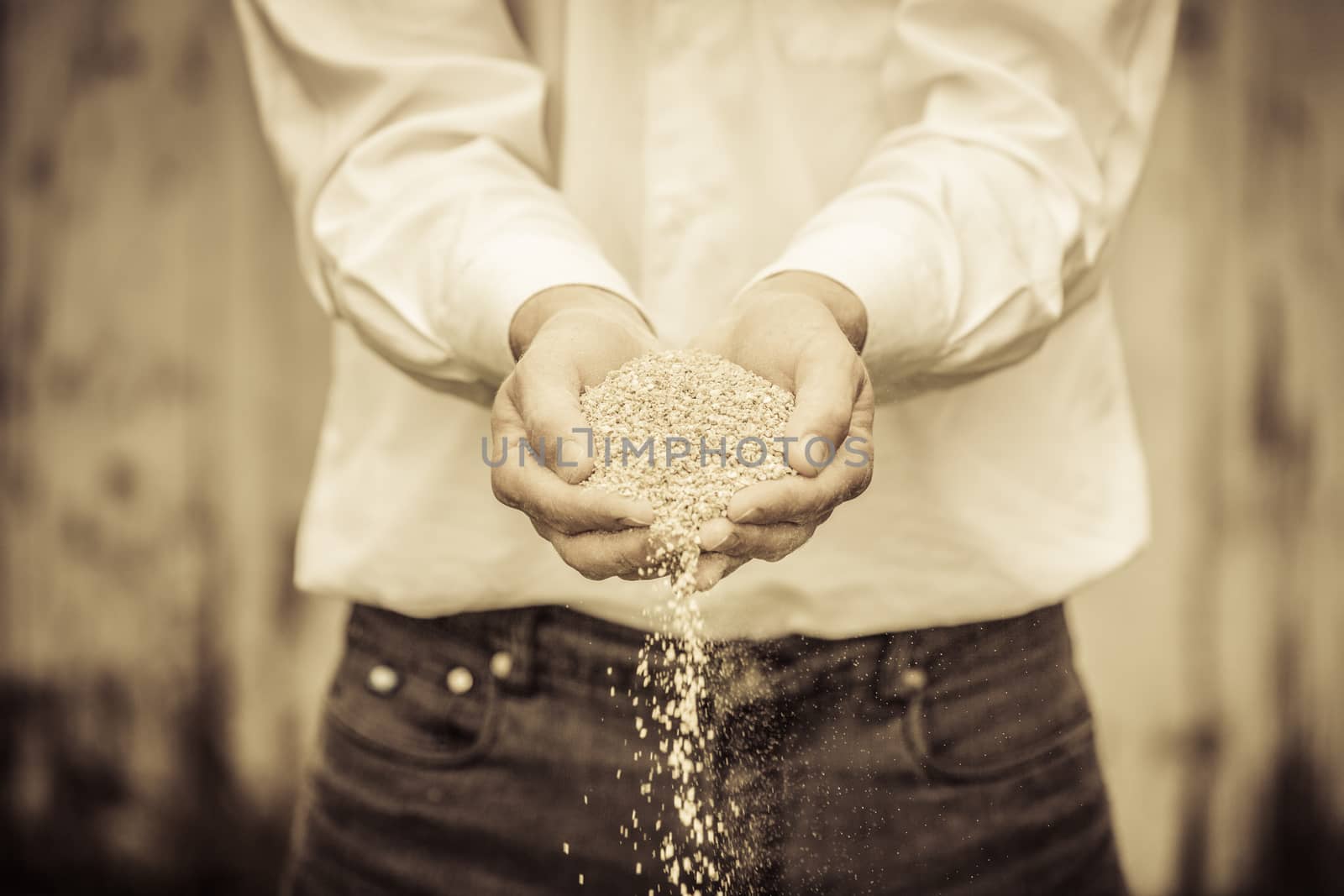 Farmer Showing Animal Dry Food Falling of its hands