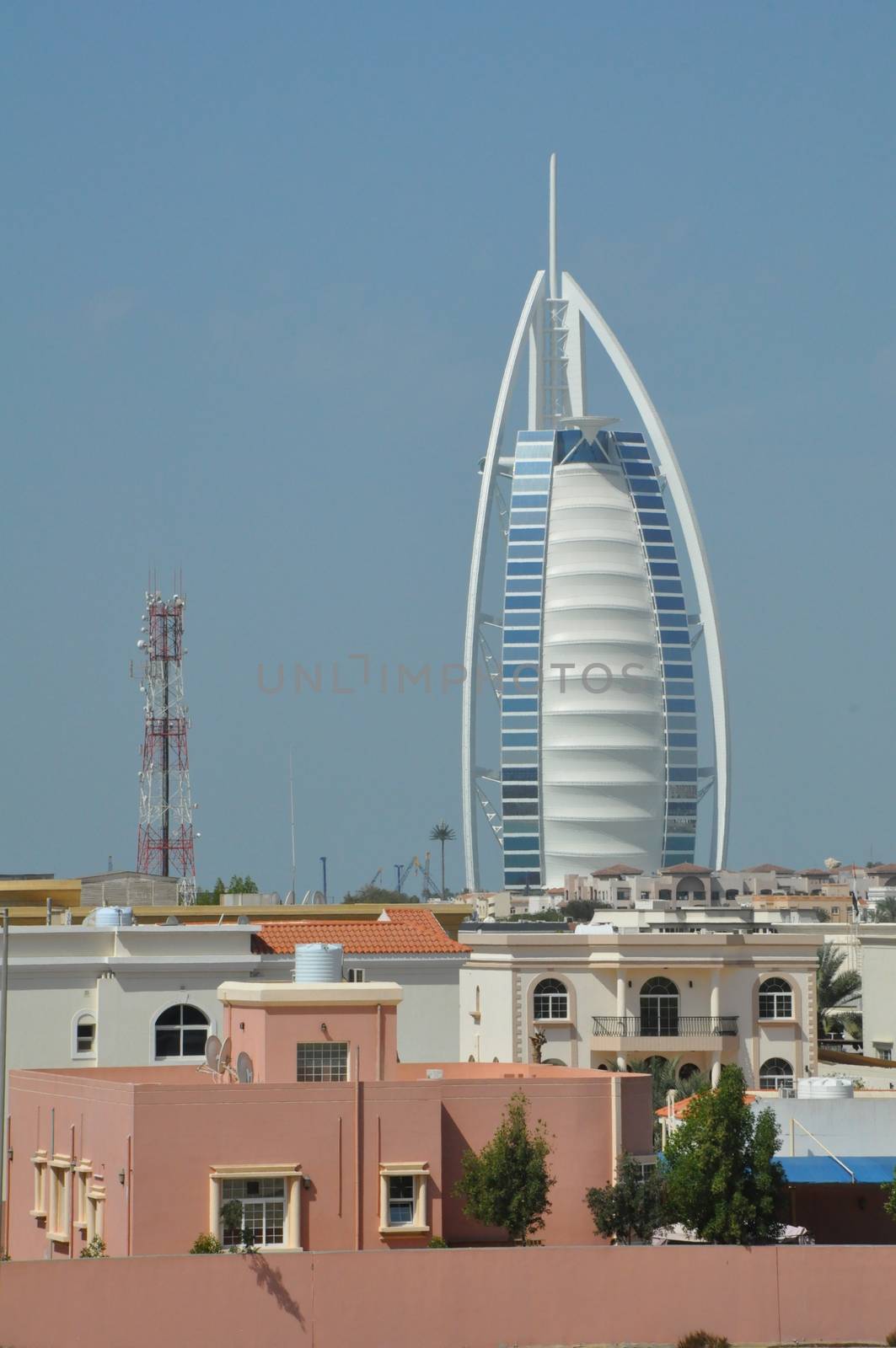 Burj Al Arab in Dubai, UAE. It is built on an artificial island, is considered a 7-star hotel and is the fourth tallest hotel in the world.