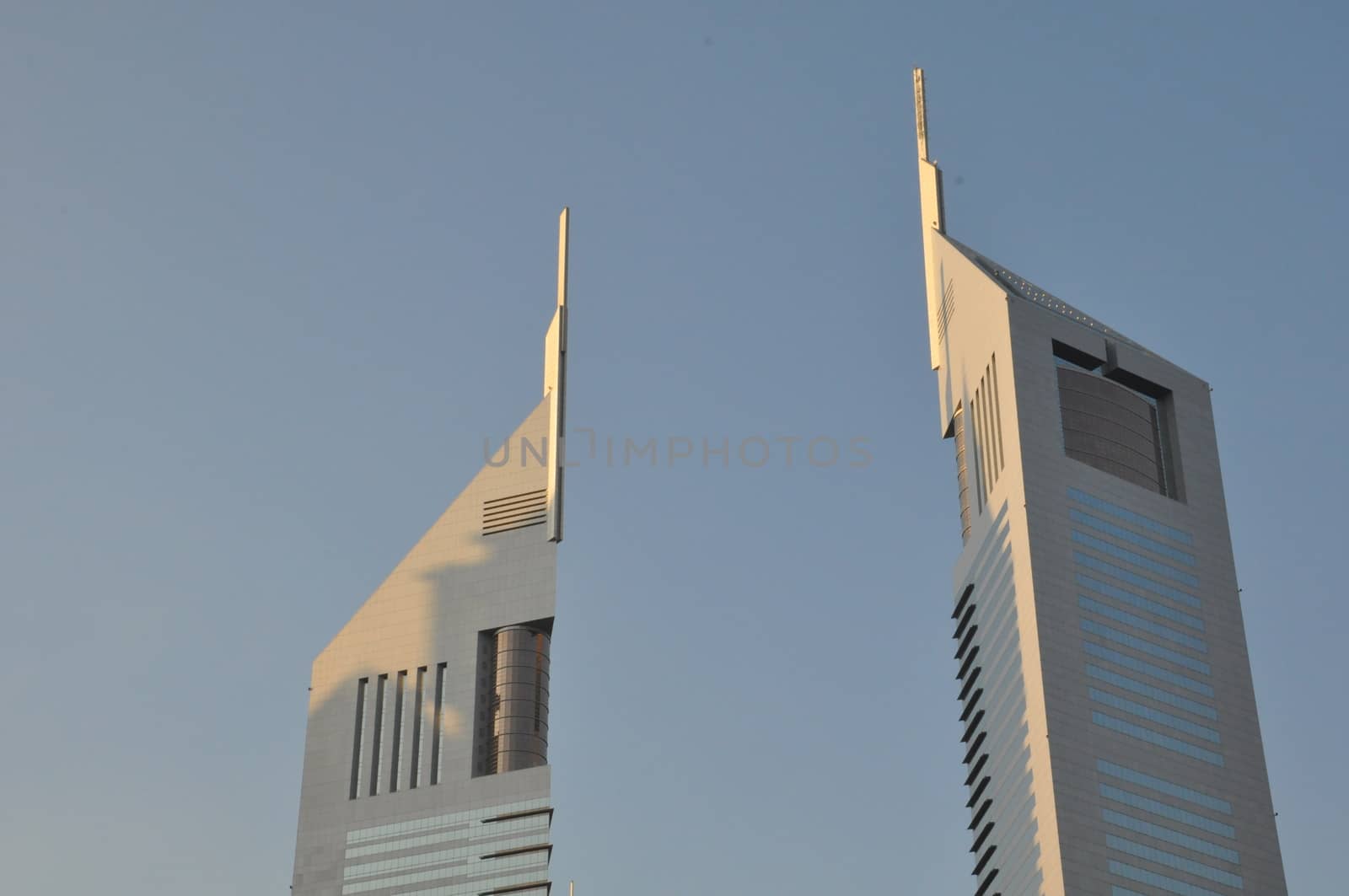 Emirates Towers in Dubai, United Arab Emirates (UAE). The complex contains the Emirates Office Tower and Jumeirah Emirates Towers Hotel, rising to 355 m and 309 m, respectively.