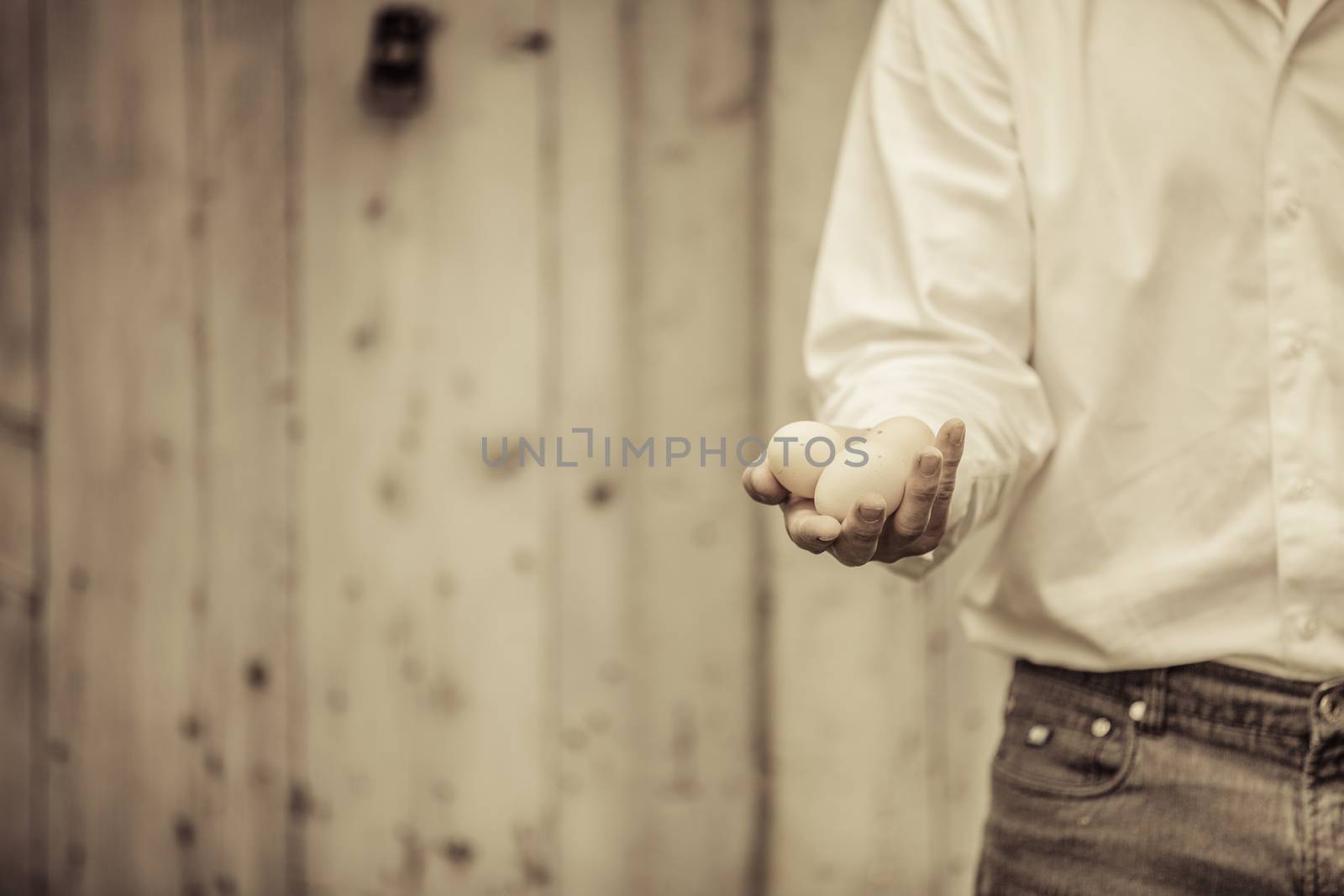 Closeup of Farmer Holding Eggs in front of a Farm