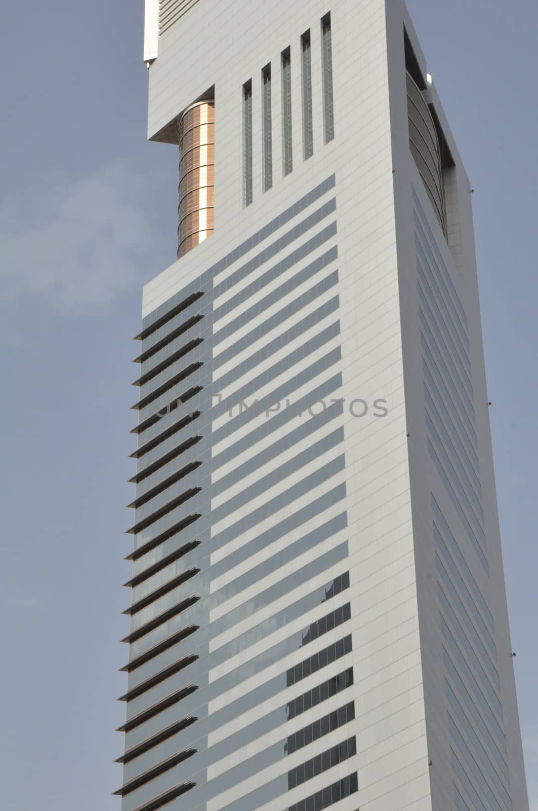 Emirates Towers in Dubai, United Arab Emirates (UAE). The complex contains the Emirates Office Tower and Jumeirah Emirates Towers Hotel, rising to 355 m and 309 m, respectively.