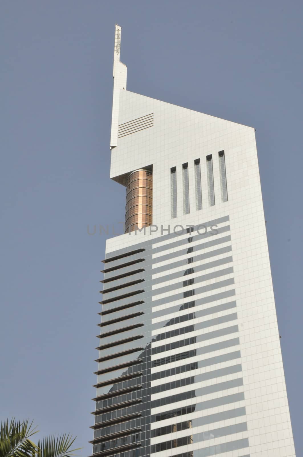 Emirates Towers in Dubai, United Arab Emirates (UAE). The complex contains the Emirates Office Tower and Jumeirah Emirates Towers Hotel, rising to 355 m and 309 m, respectively.