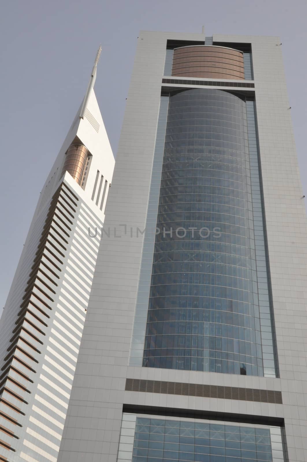 Emirates Towers in Dubai, United Arab Emirates (UAE). The complex contains the Emirates Office Tower and Jumeirah Emirates Towers Hotel, rising to 355 m and 309 m, respectively.