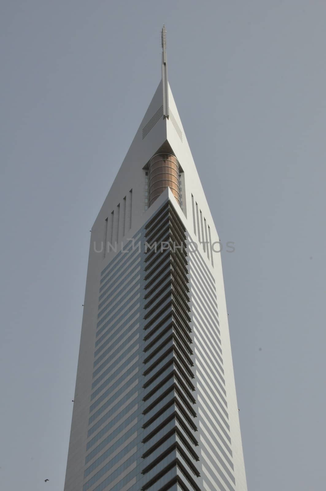 Emirates Towers in Dubai, United Arab Emirates (UAE). The complex contains the Emirates Office Tower and Jumeirah Emirates Towers Hotel, rising to 355 m and 309 m, respectively.