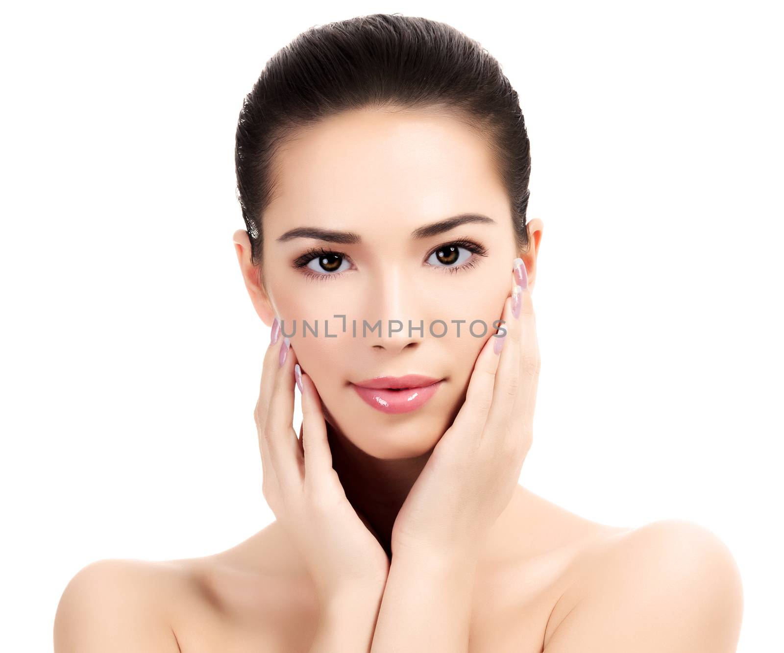Beautiful face of young adult woman with clean fresh skin, white background, isolated, copyspace