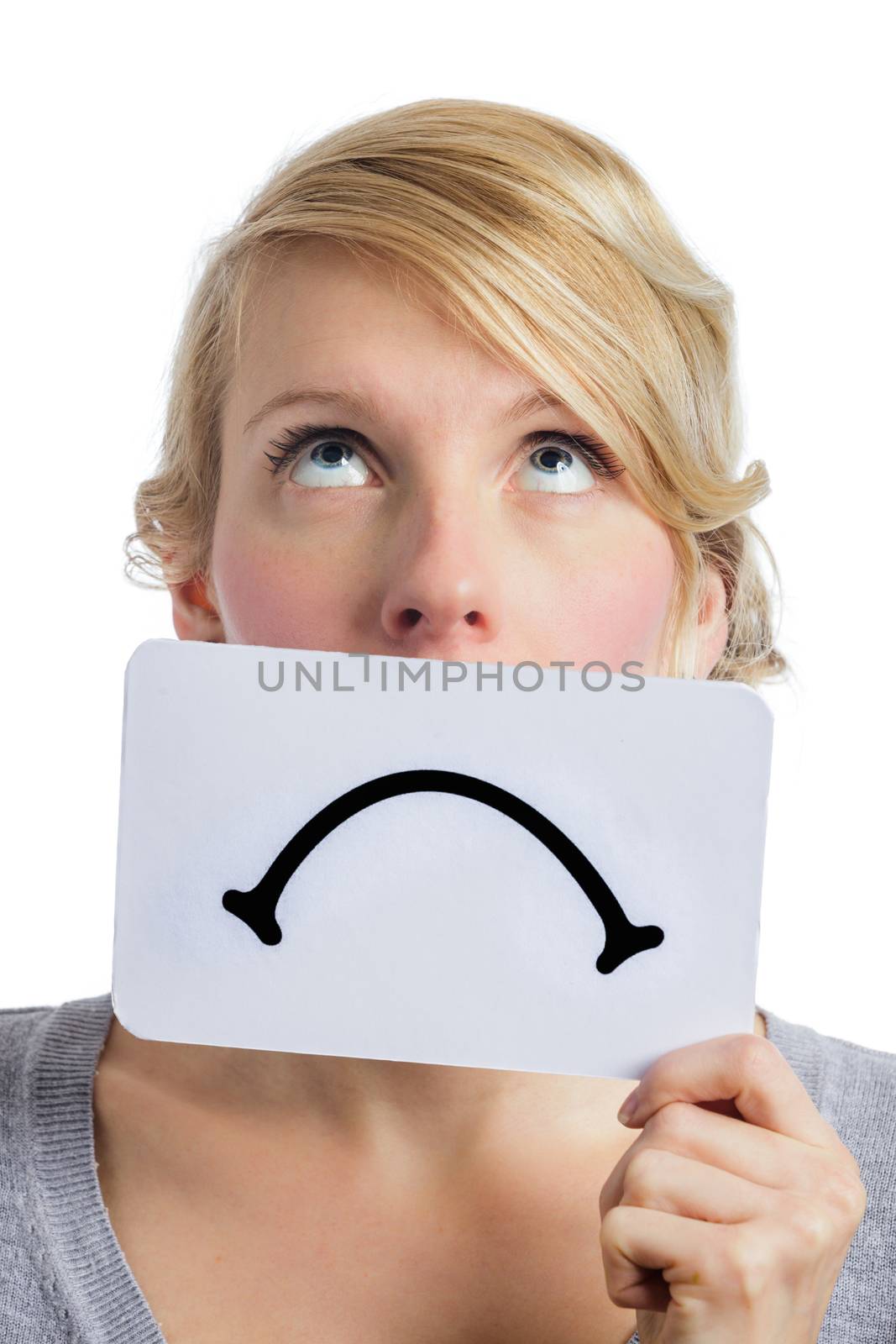 Unhappy Portrait of a Woman Holding a Sad Mood Board Isolated on white Background