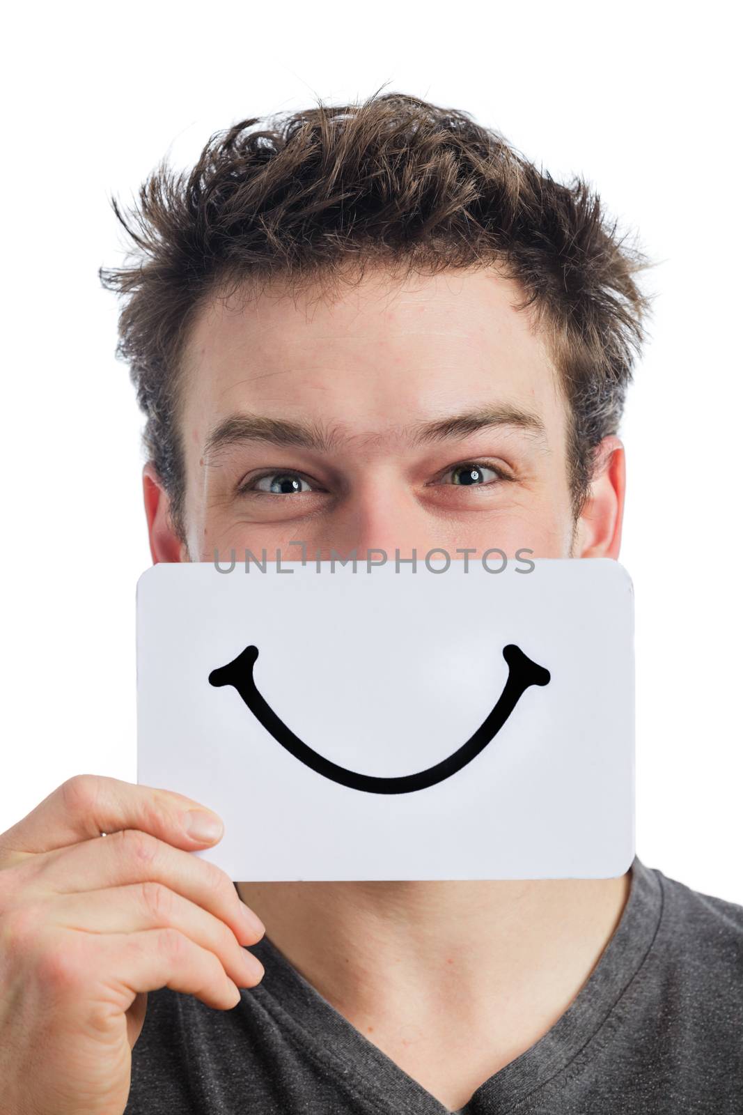 Happy Portrait of a Man Holding a Smiling Mood Board Isolated on White Background