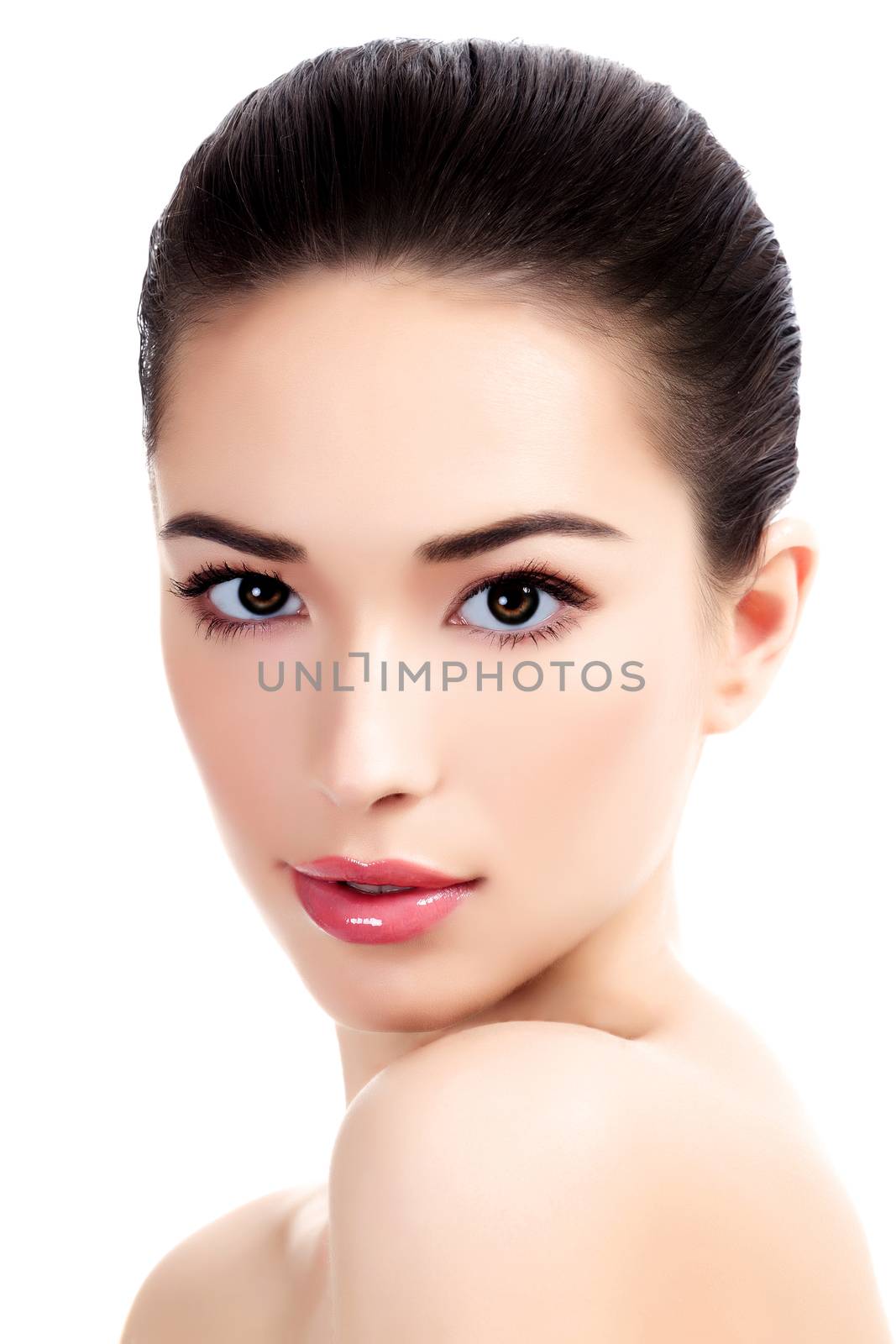 Face of a beautiful young woman, white background, isolated, copyspace