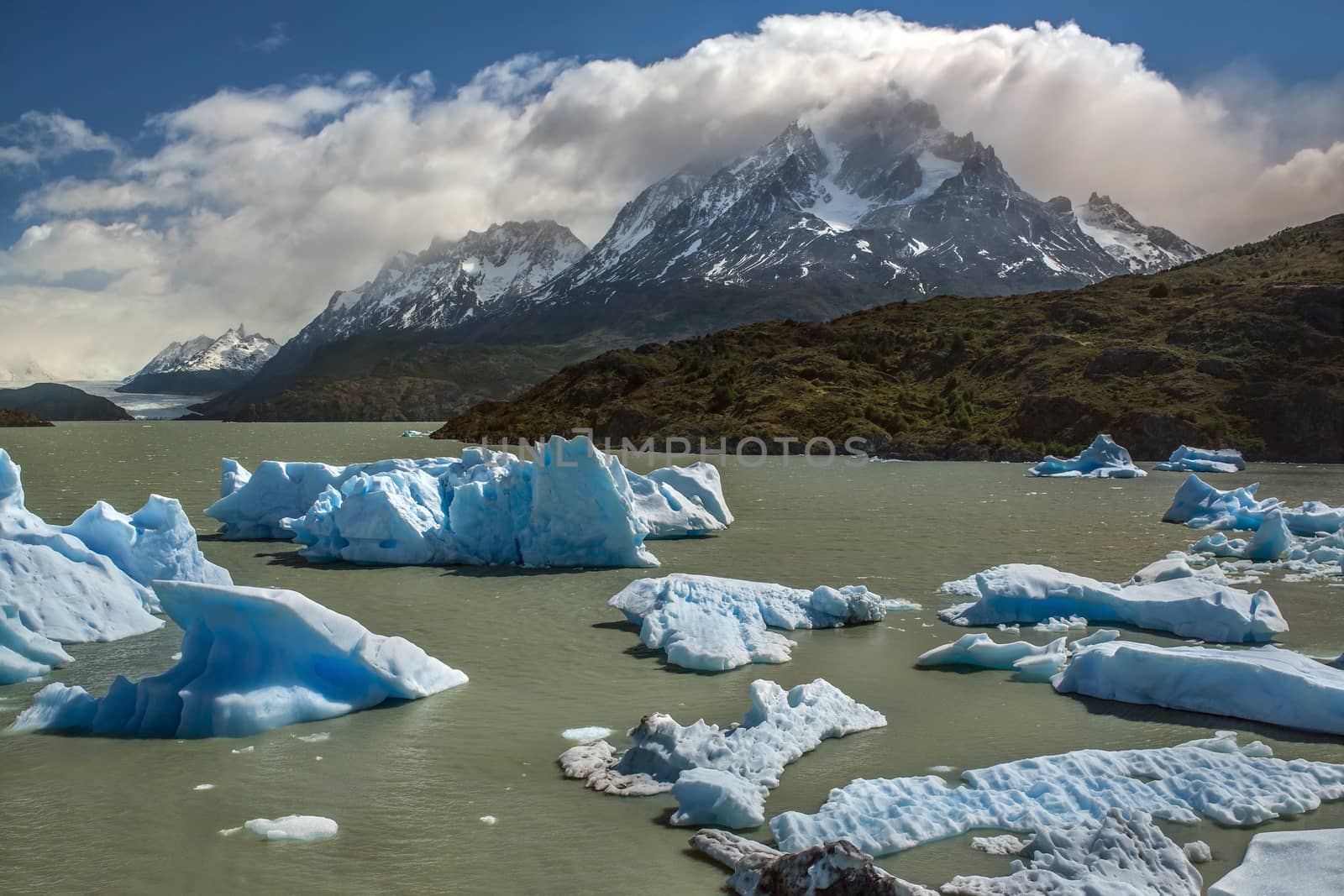 Icebergs from the Grey Glacier (in the far distance) in Grey Lake in the Southern Patagonian Ice Field in Torres del Paine National Park in southern Chile.