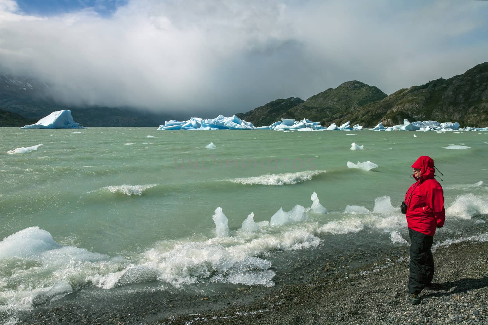 Tourist looking at icebergs from the Grey Glacier in Grey Lake in the Southern Patagonian Ice Field in Torres del Paine National Park in southern Chile.