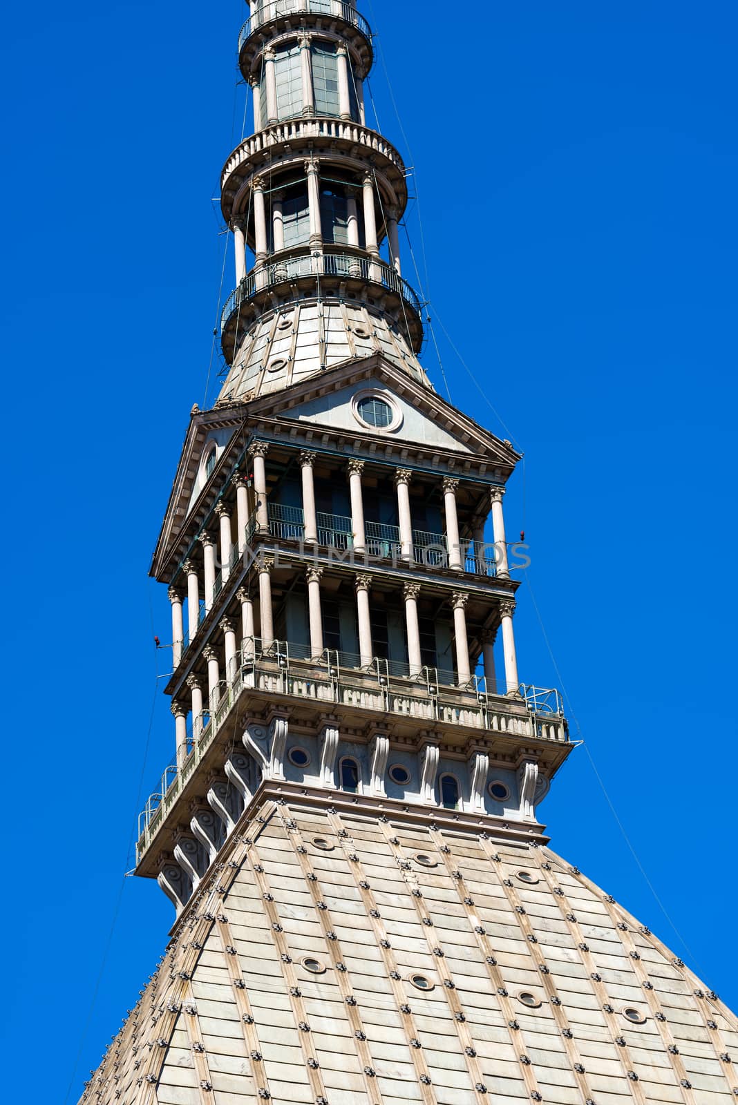 Detail of the Mole Antonelliana (1863-1889) in Turin (Torino) Piemonte, Italy, Symbol of the city. Architect Alessandro Antonelli.
