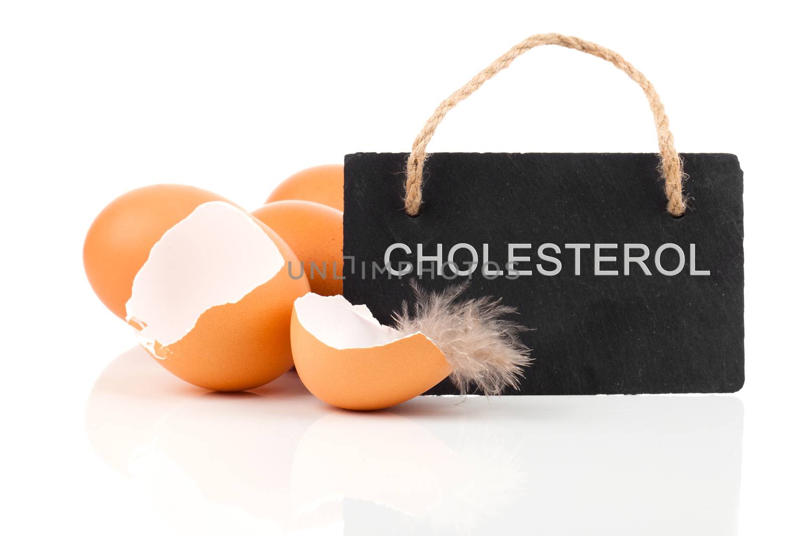 broken egg with blackboard with space for text , on white background