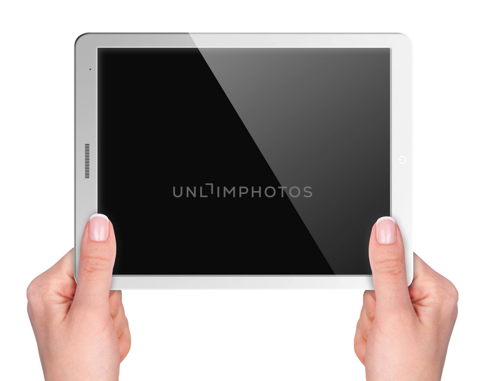 Tablet with blank screen in hand on white background