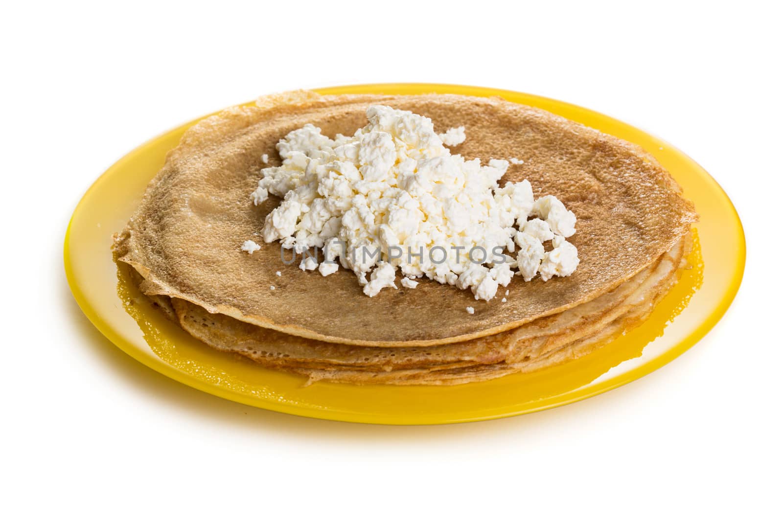 Pancakes with cottage isolated on white background