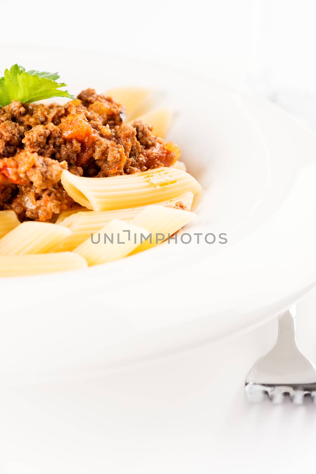 Pasta. Penne Pasta with Bolognese Sauce, Parmesan Cheese and Basil, Fork. Italian Cuisine. Mediterranean food