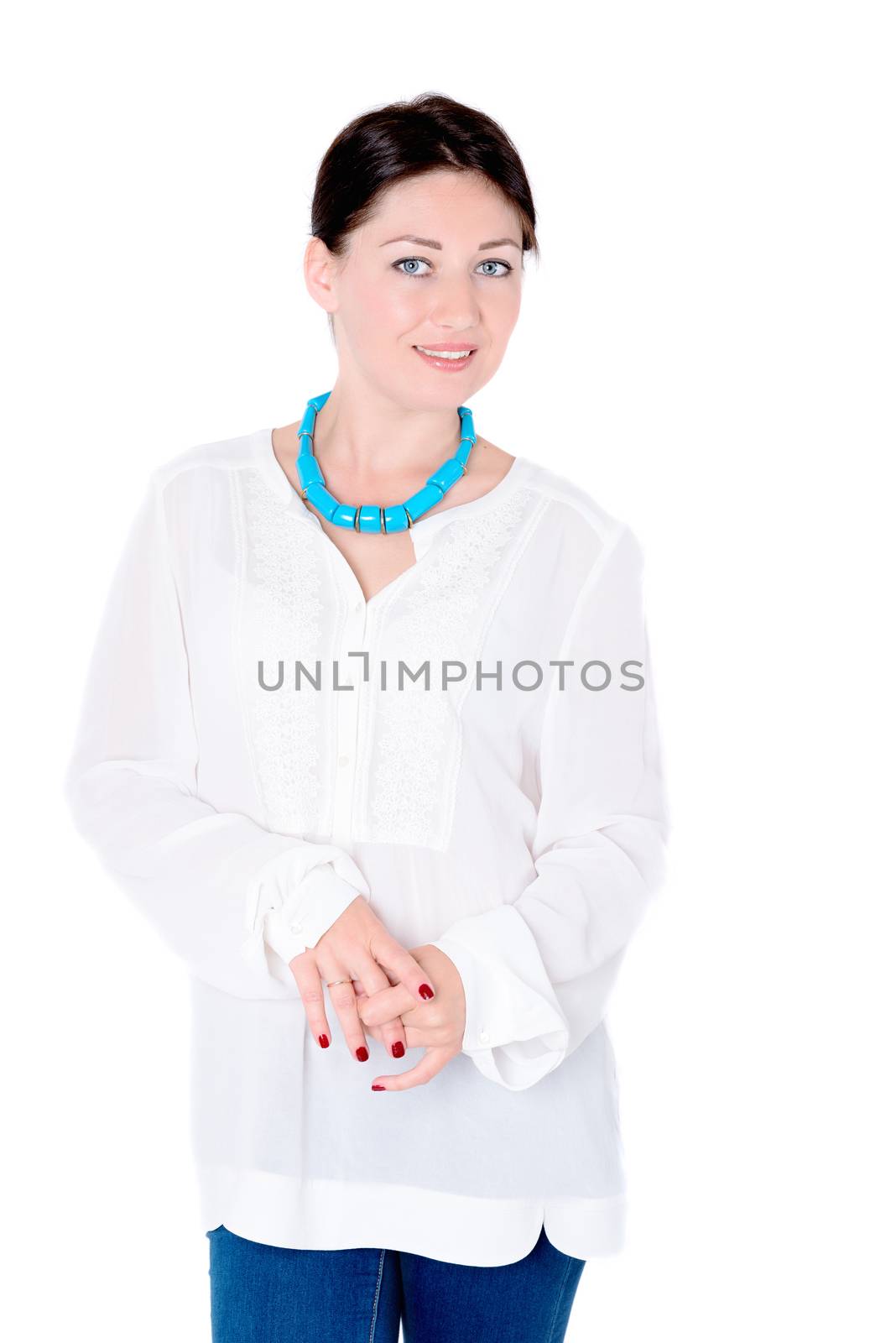 Beautiful brunette girl on white background smiling by Nanisimova