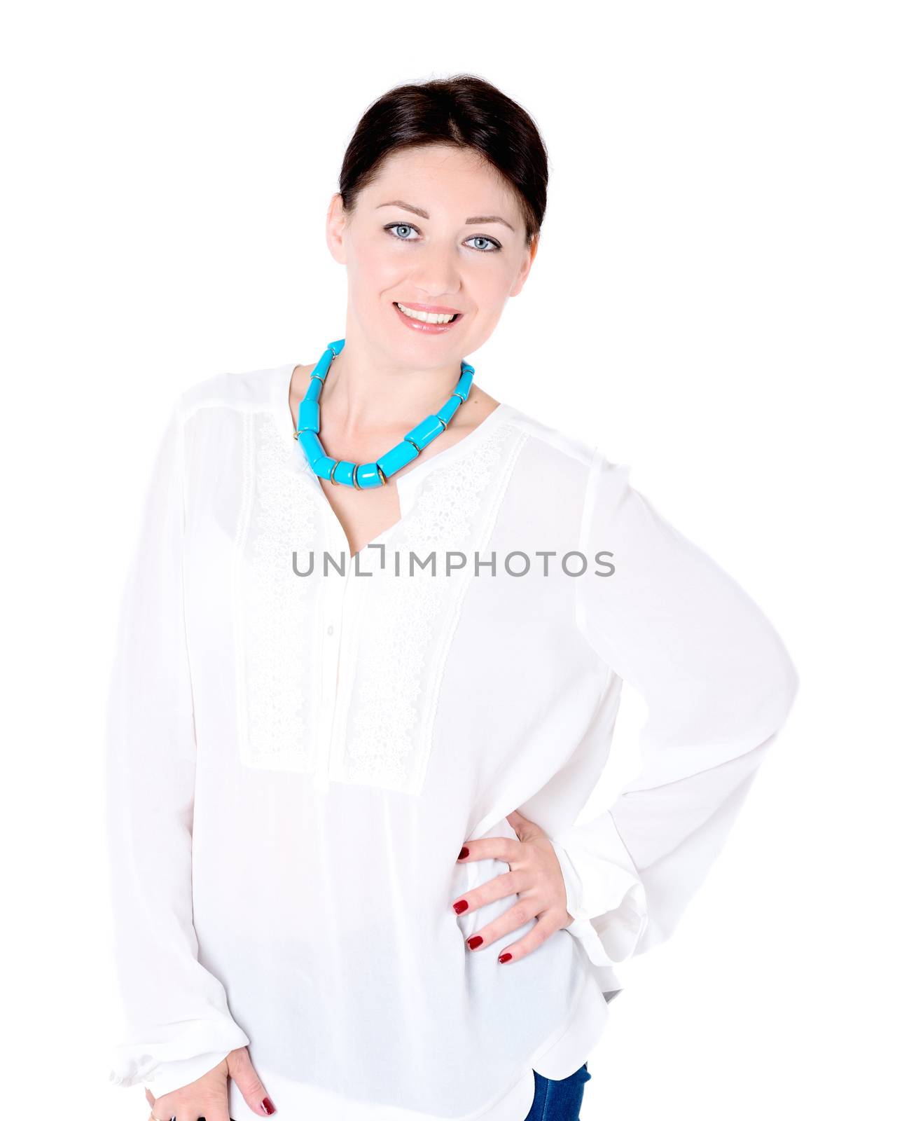 Beautiful brunette girl on white background bright smile by Nanisimova