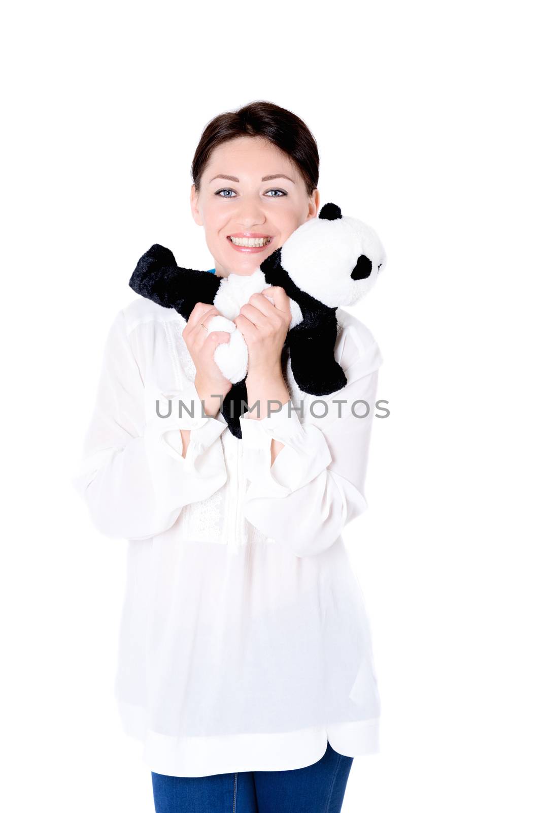 Beautiful brunette girl on white background with toy by Nanisimova