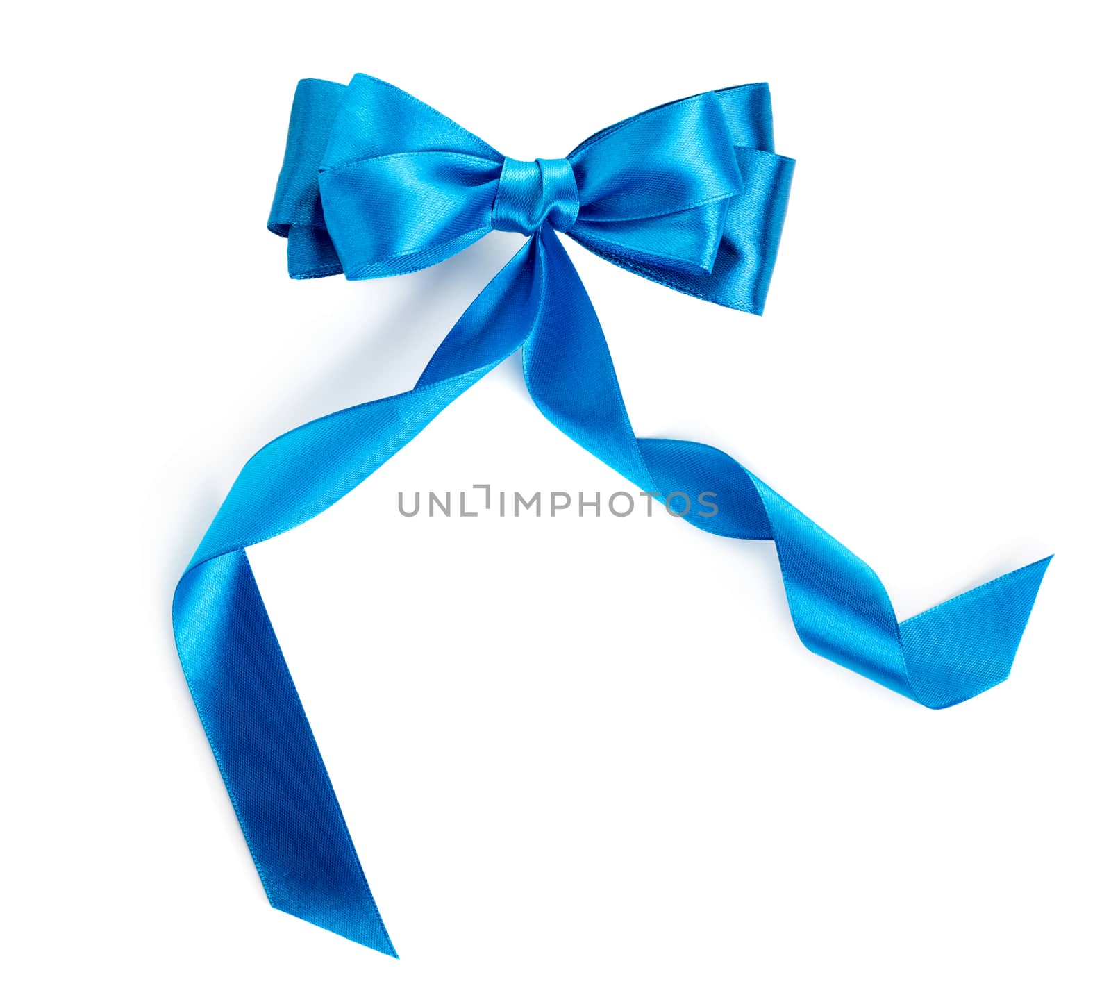 Hand made bow. Blue ribbon isolated on white background