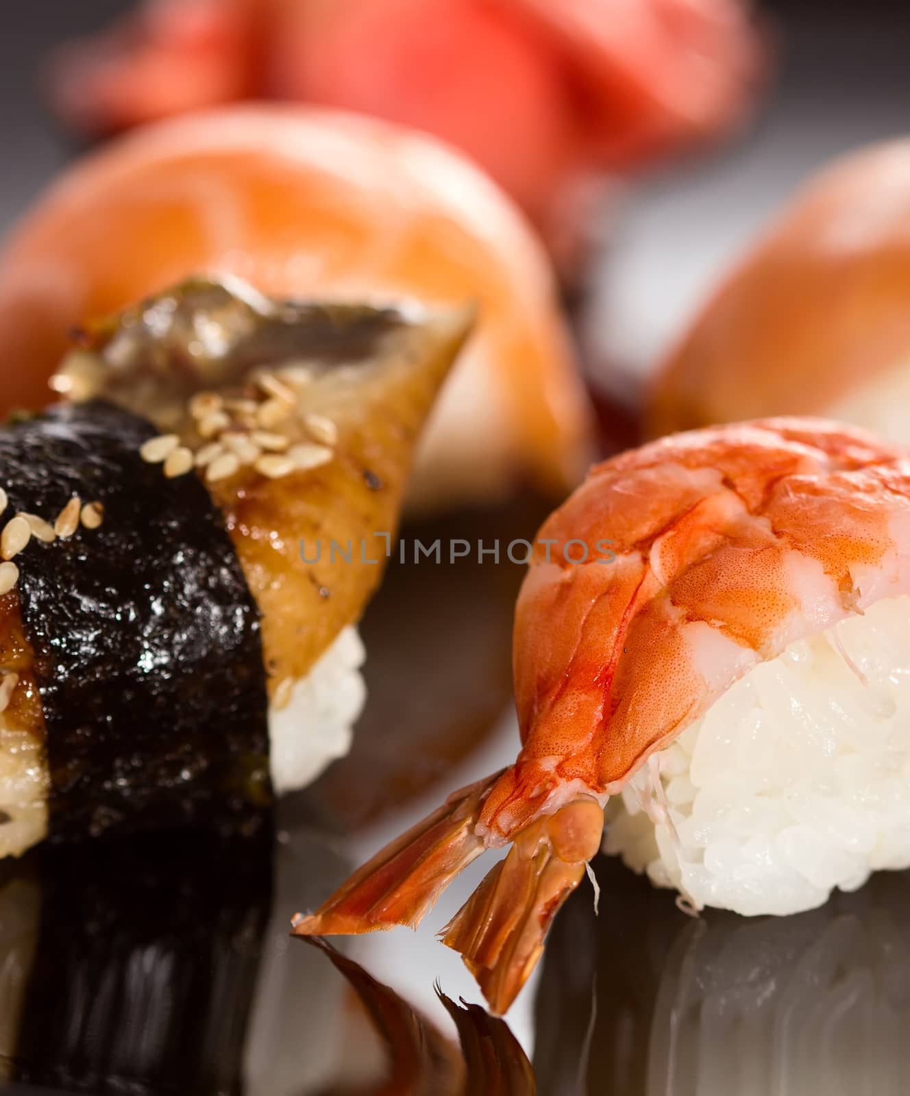 Japanese Cuisine: sushi with shrimp and acne