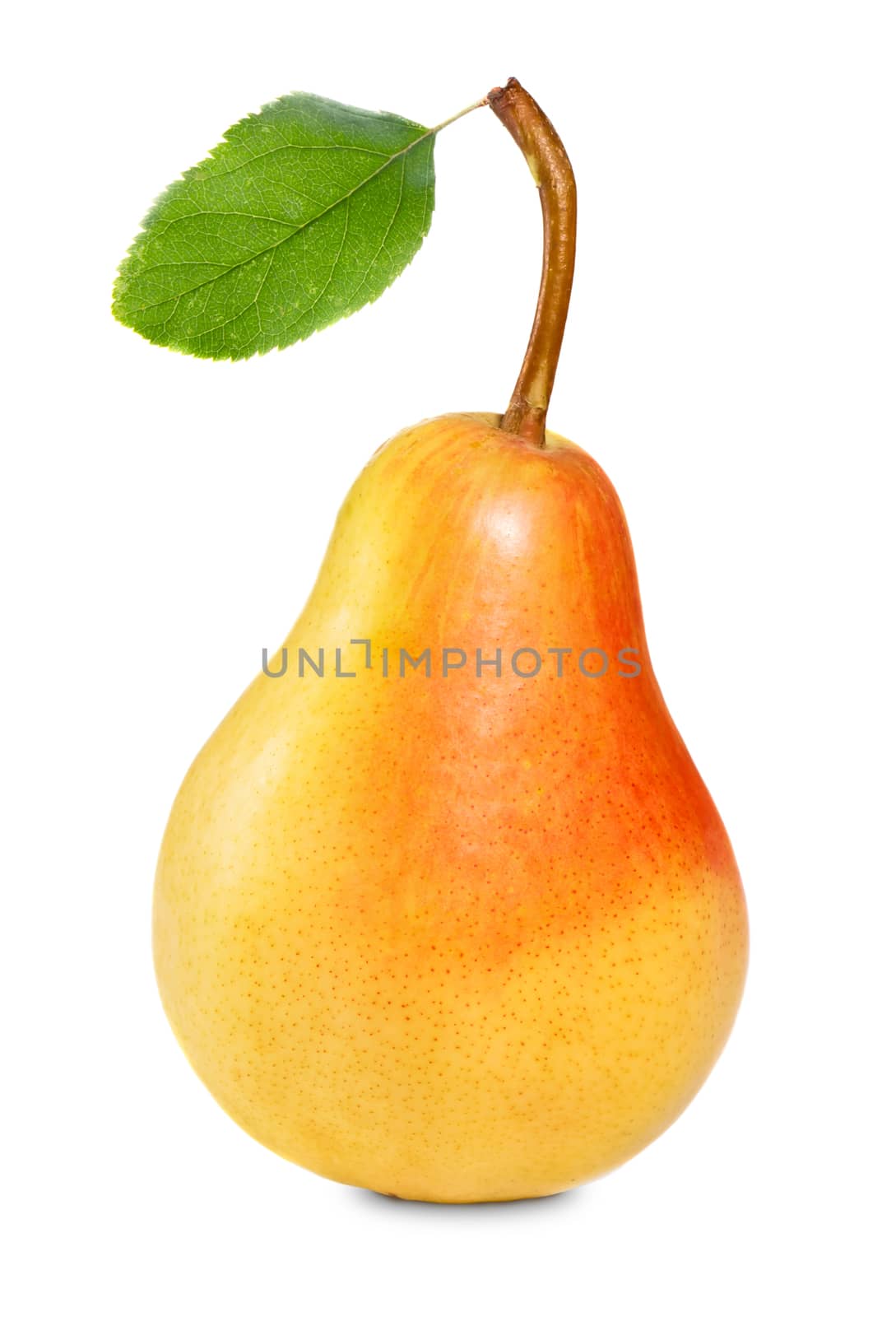 Ripe pear with green leaf isolated on white