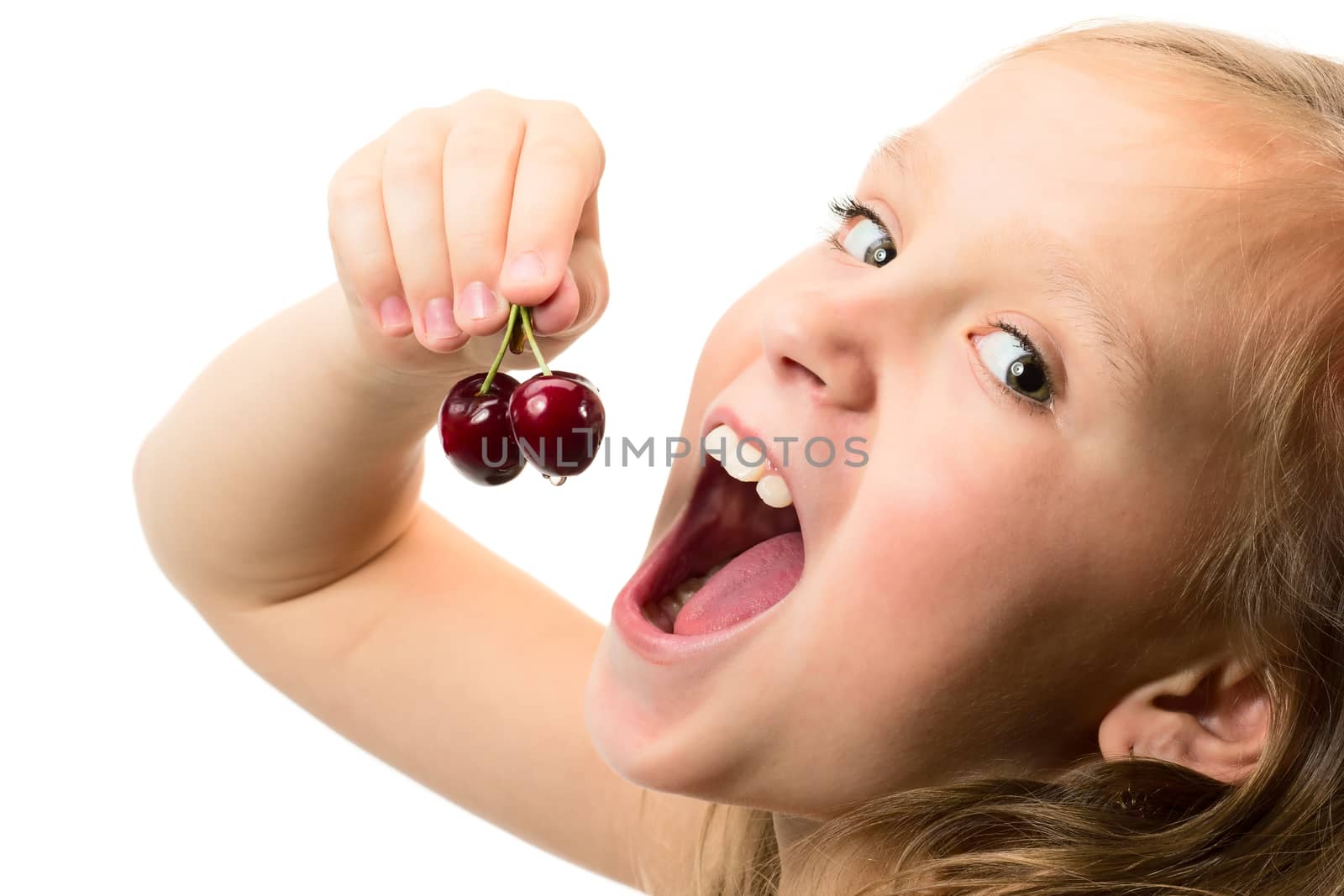 Little girl with cherries isolated on white background