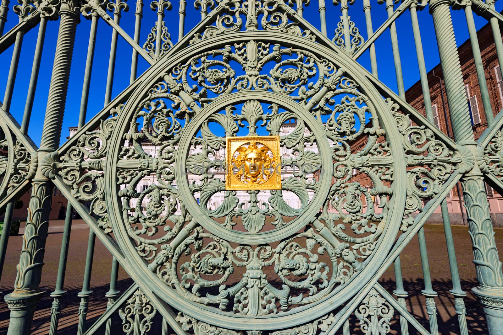Detail of the gates (1840) with the head of Medusa of Pelagio Palagi of the Royal Palace (Palazzo Reale) in Turin (Torino) Piemonte, Italy