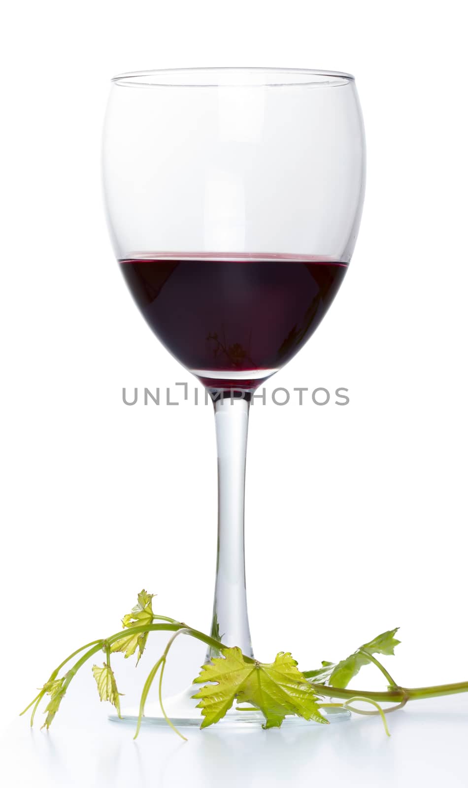 Red wine glass with green leaves isolated on white background