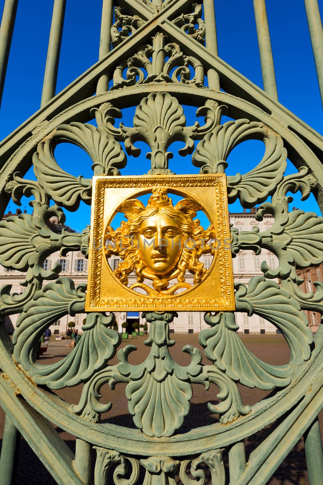 Detail of the gates (1840) with the head of Medusa of Pelagio Palagi of the Royal Palace (Palazzo Reale) in Turin (Torino) Piemonte, Italy