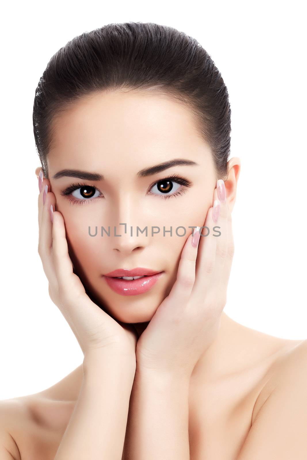 Beautiful face of young adult woman with clean fresh skin by Nobilior