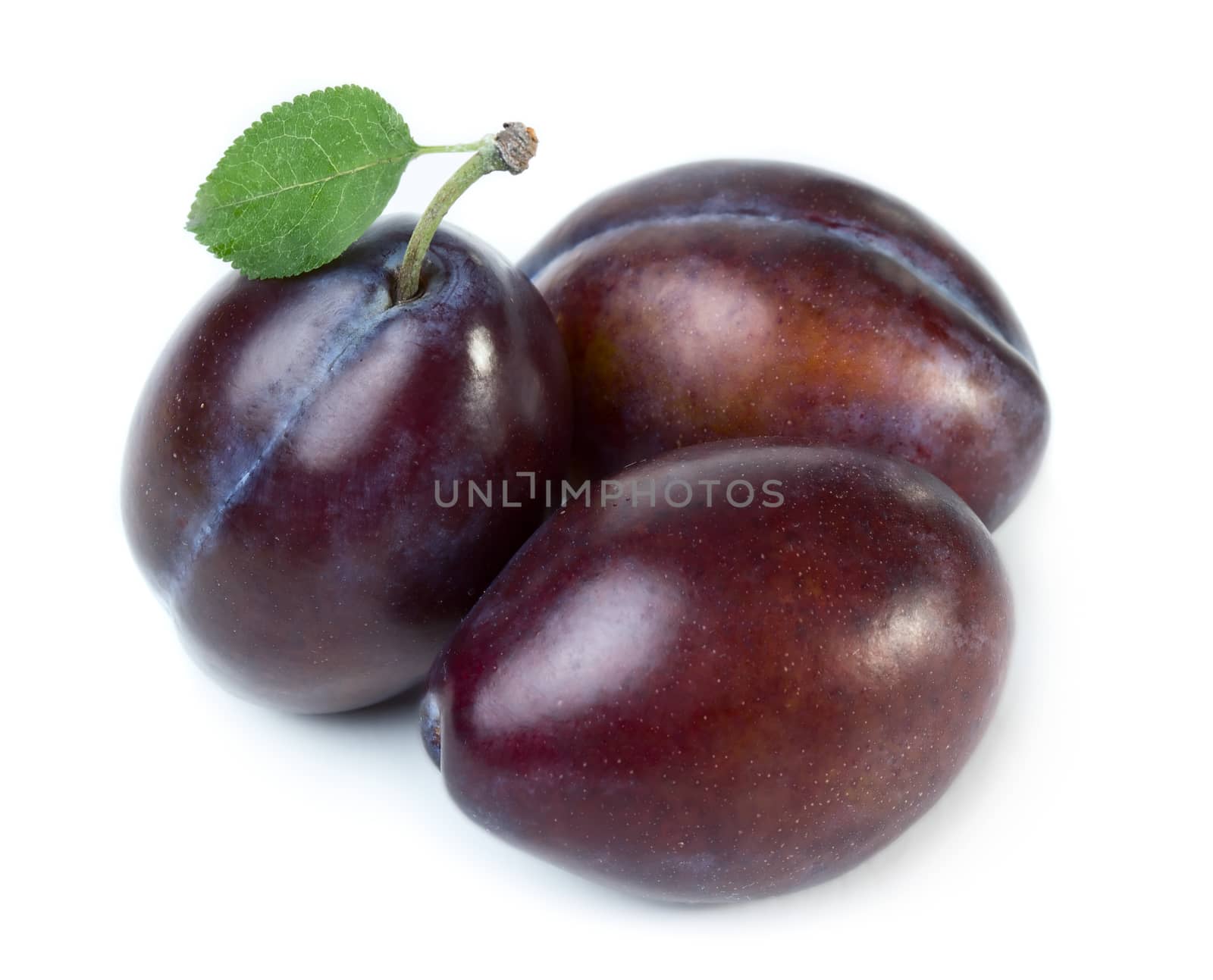 Sweet plums with leaf isolated on white background