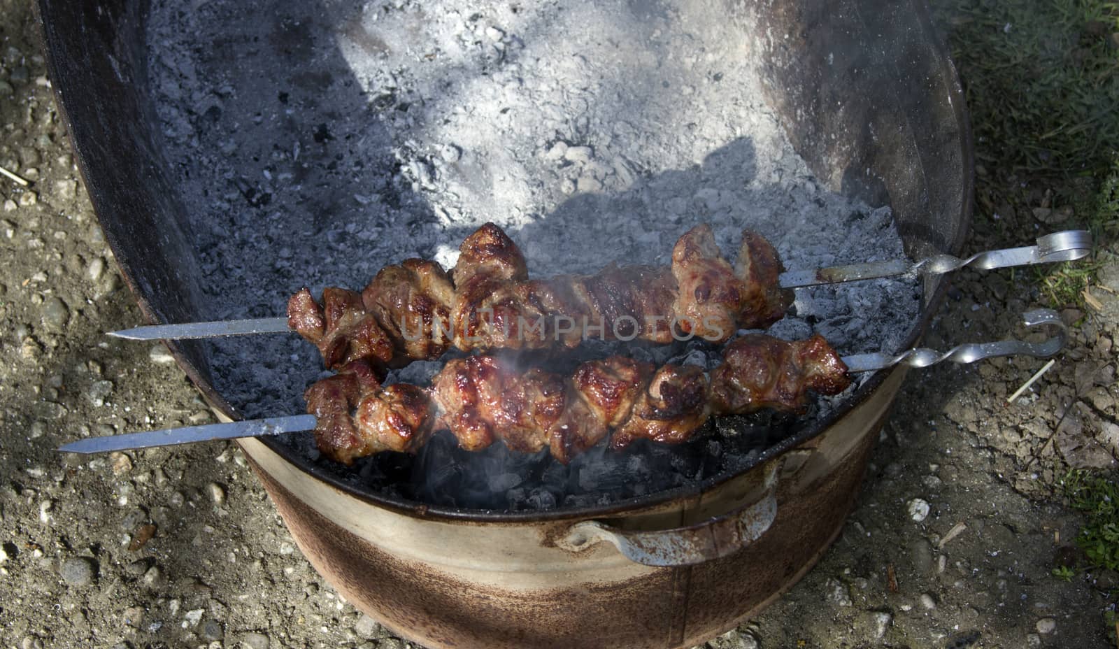  Fried meat shashlik barbecue on coals.