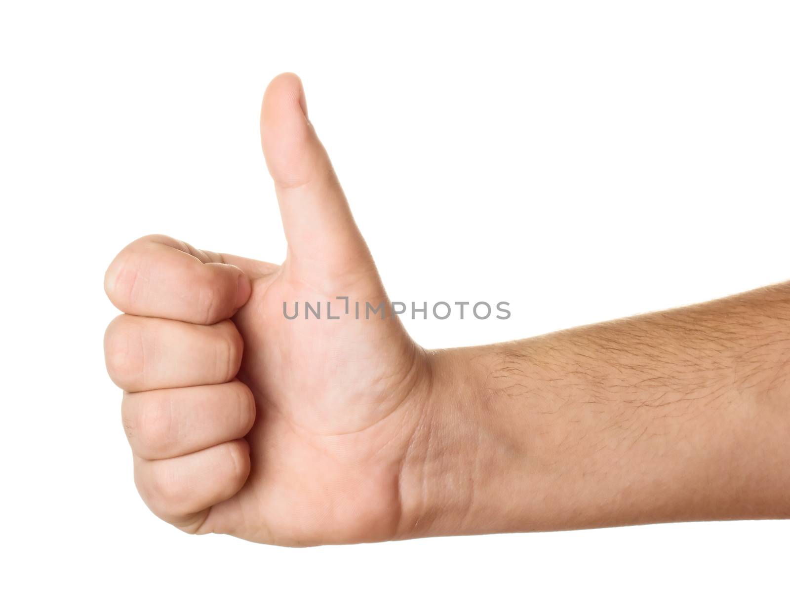 Men's hand make thumbs up isolated on white background