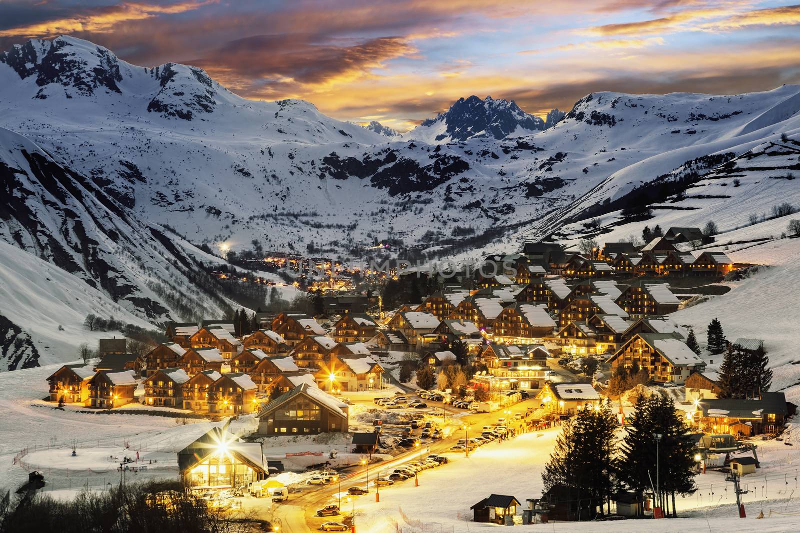 Evening landscape and ski resort in French Alps,Saint jean d'Arves, France 