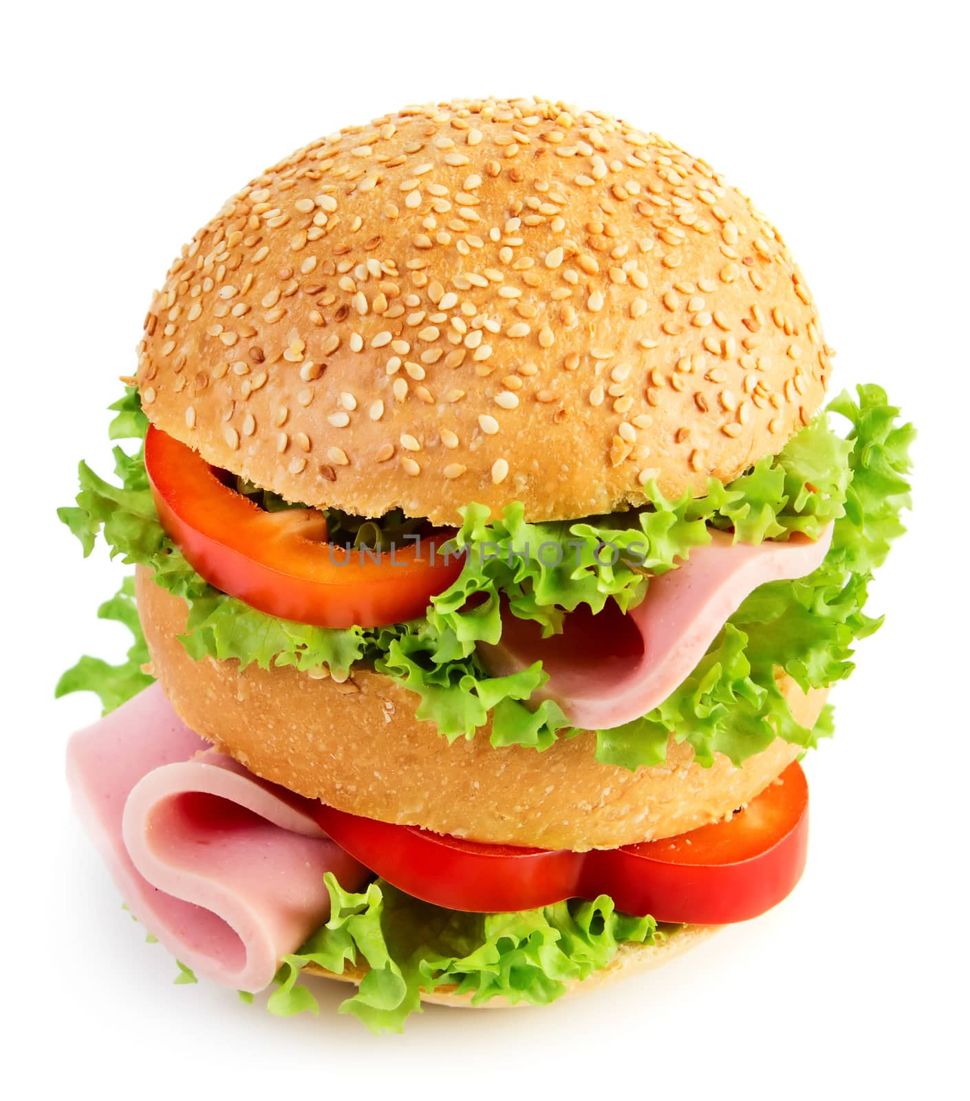 Hamburger with fresh vegetables isolated on white background