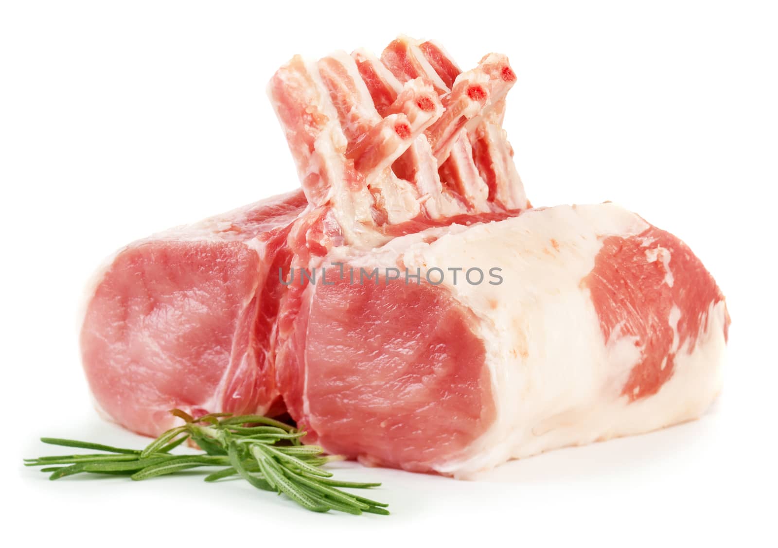 Raw meat with rosemary isolated on white background