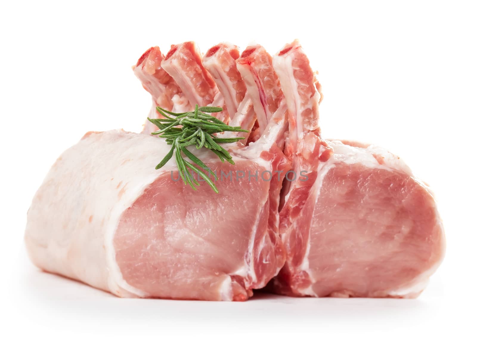 Raw meat with rosemary isolated on white
