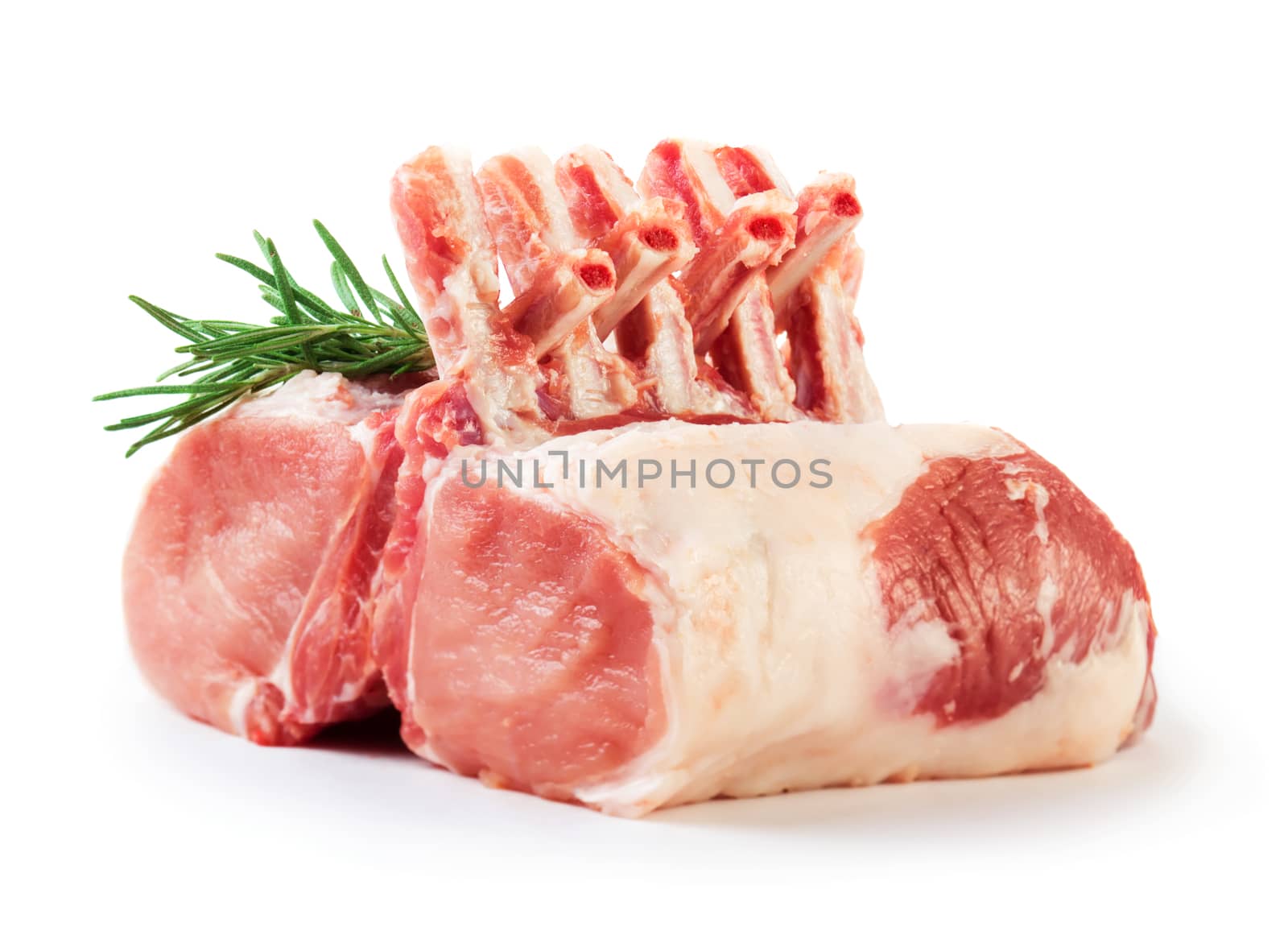 Raw meat with rosemary isolated on white