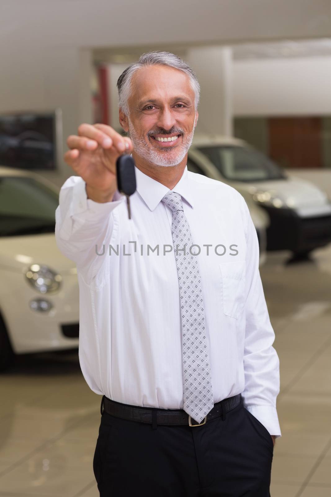 Salesman standing while offering car keys by Wavebreakmedia