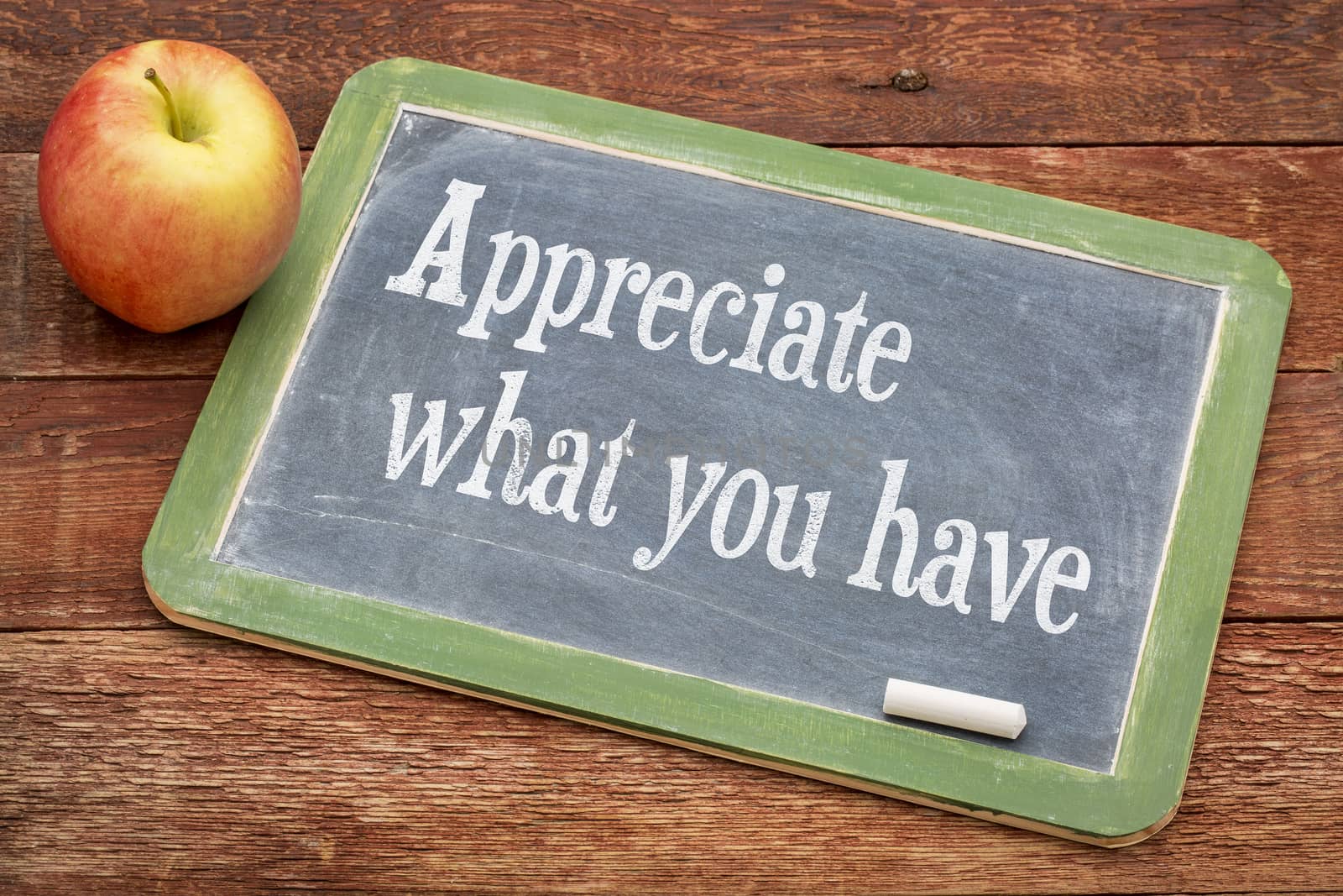 Appreciate what you have - inspirational  words on a slate blackboard against red barn wood