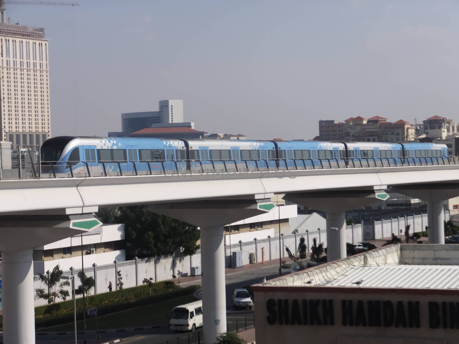 Train approaching Oud Metha Metro Station in Dubai, UAE. Guinness World Records declared it the worlds longest fully automated driverless metro network.