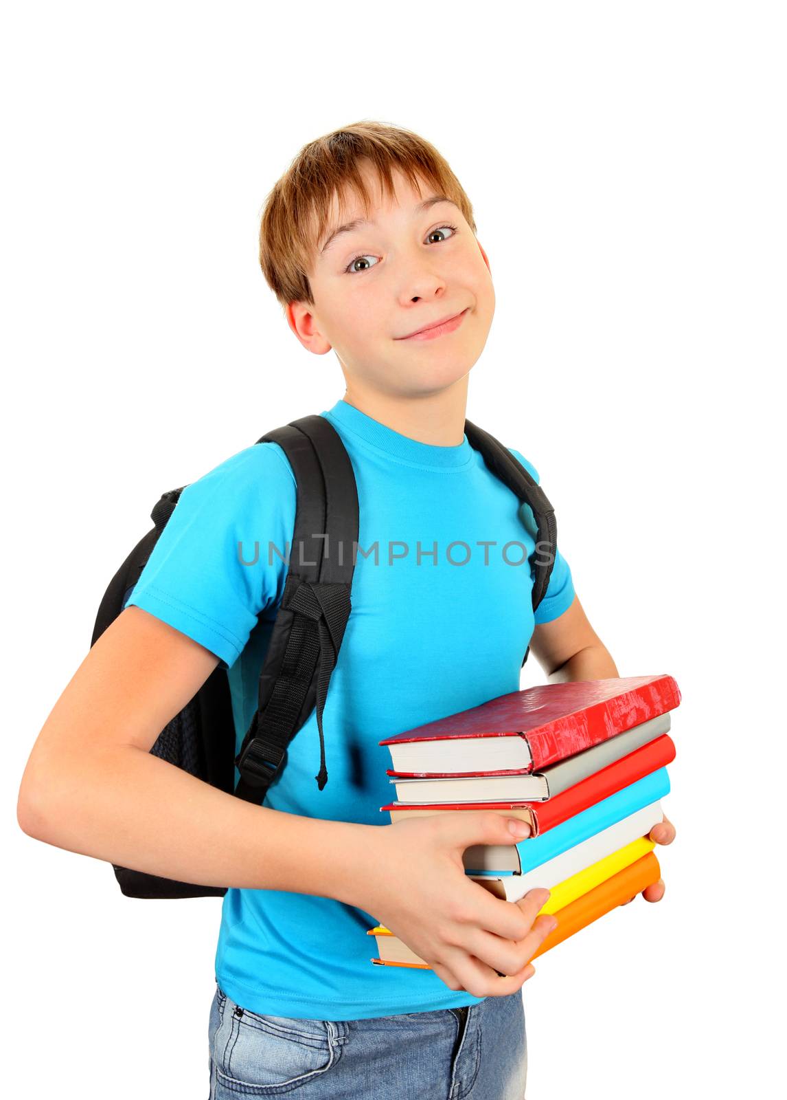 Kid with the Books Isolated on the White Background