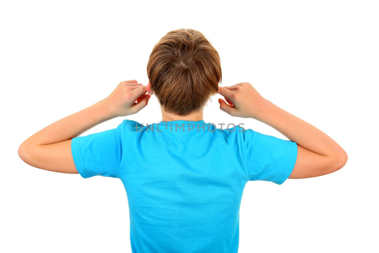 Rear view of Teenager with covered Ears Isolated on the White Background