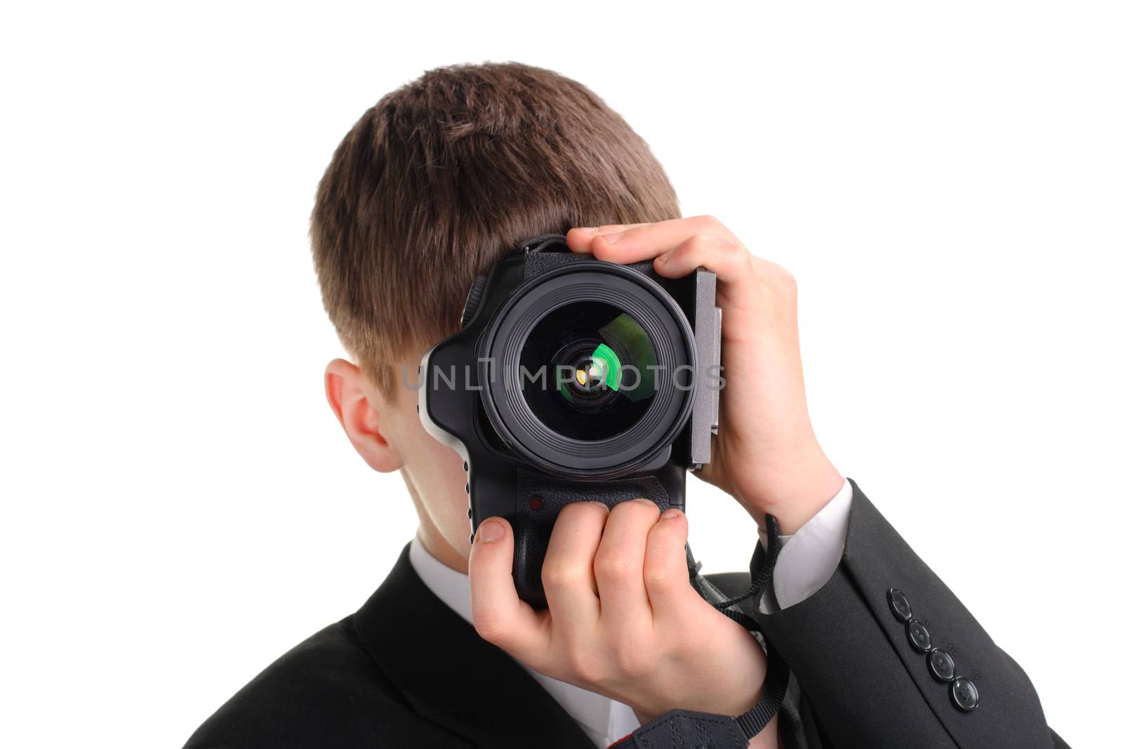 Teenager with Photo Camera Isolated on the White Background