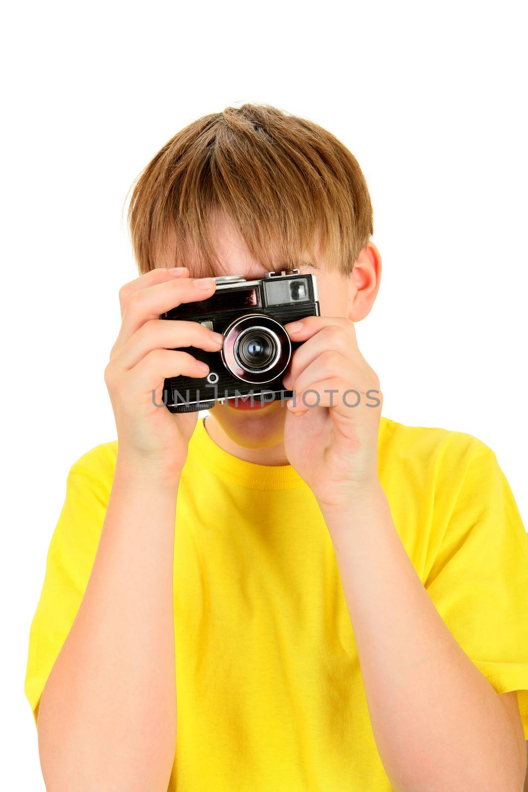 Kid with Vintage Photo Camera Isolated on the White Background