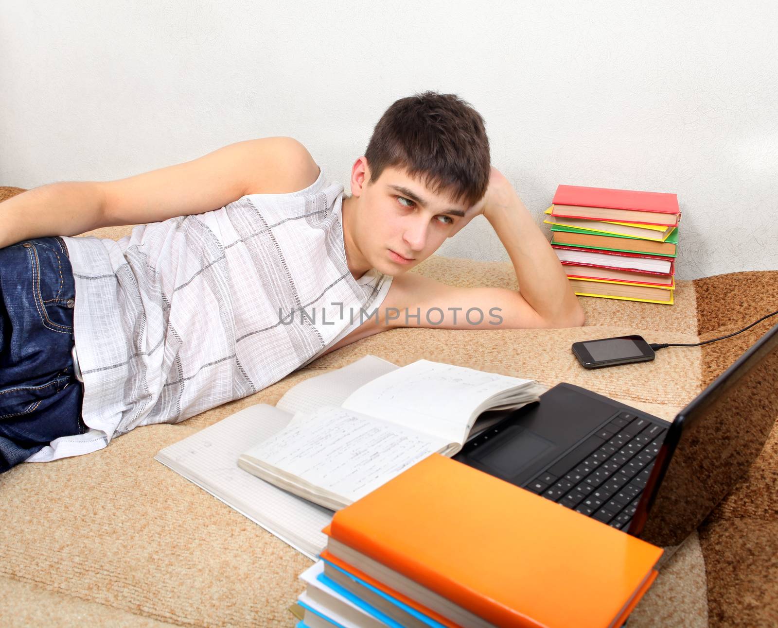 Bored Teenager doing Homework on the Sofa