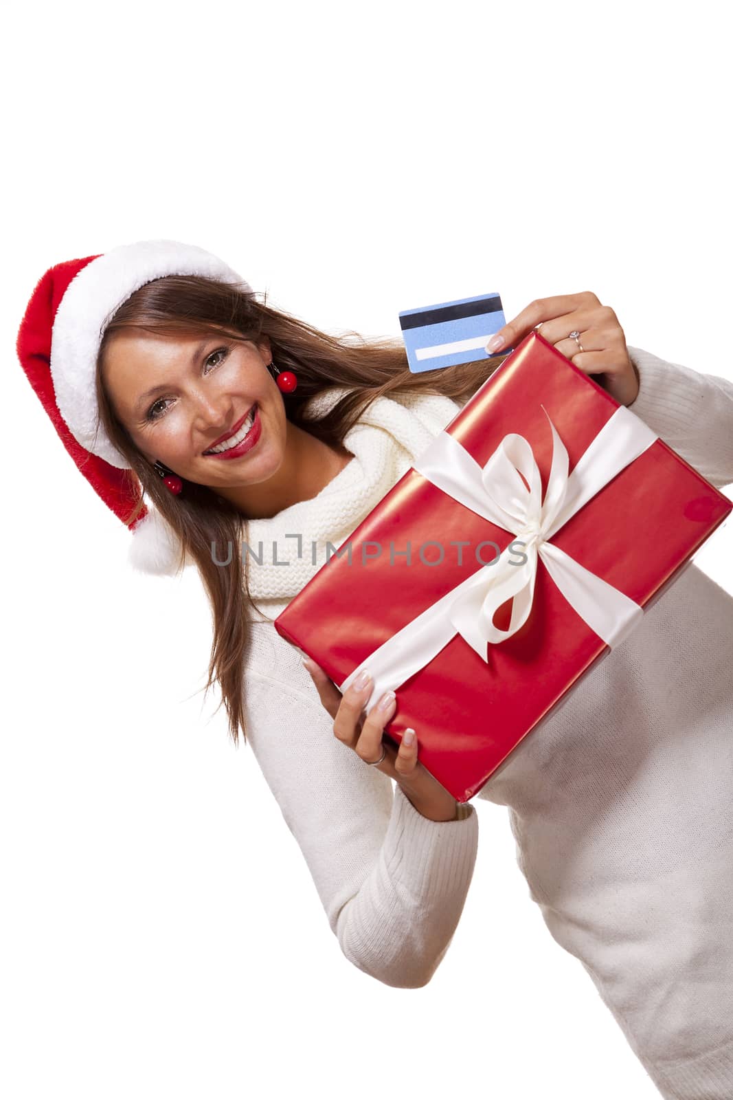 Woman holding a Christmas gift and bank card by juniart