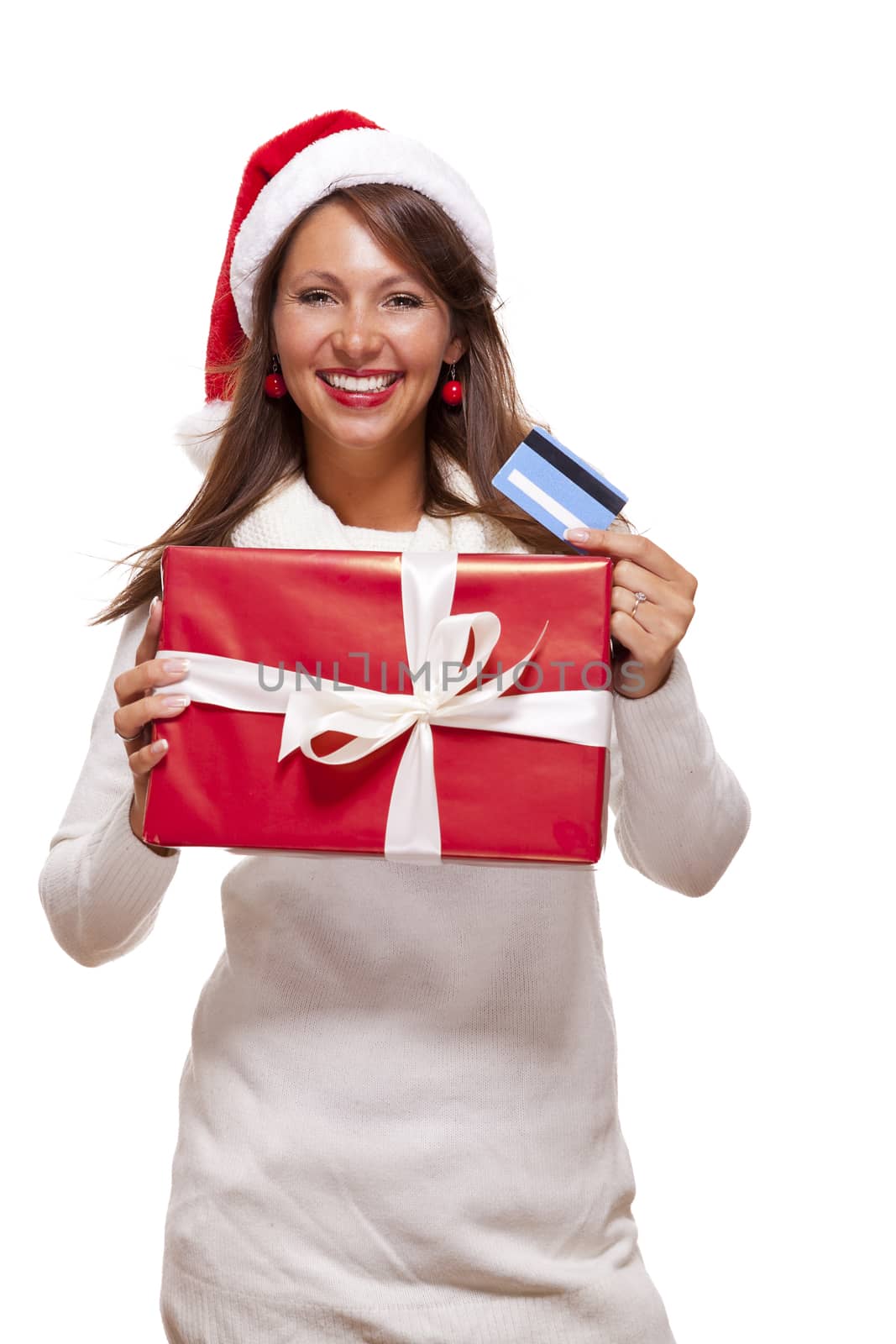 Woman holding a Christmas gift and bank card by juniart