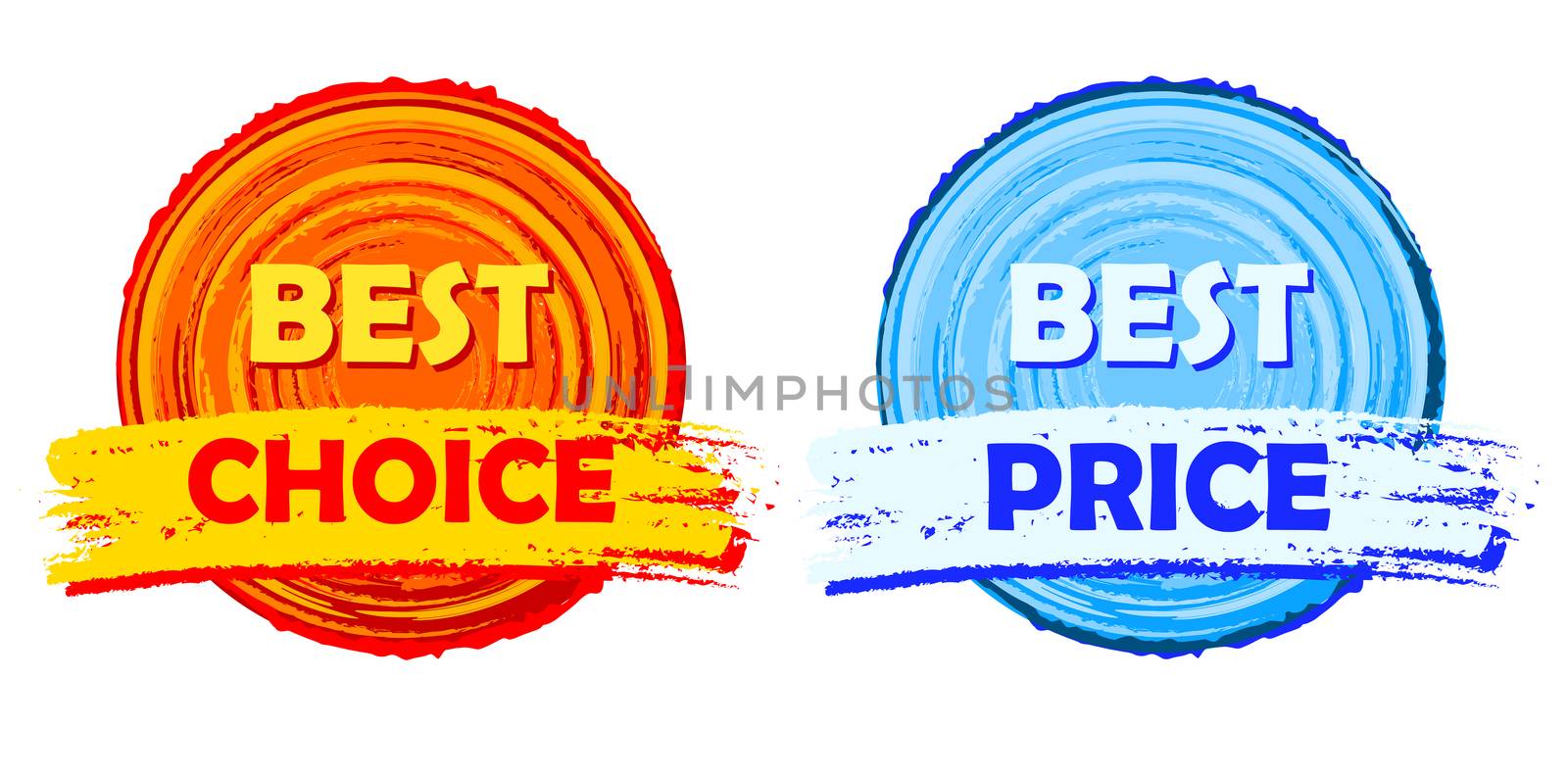 best choice and best price - text in yellow, orange, red and blue round drawn labels, business shopping concept