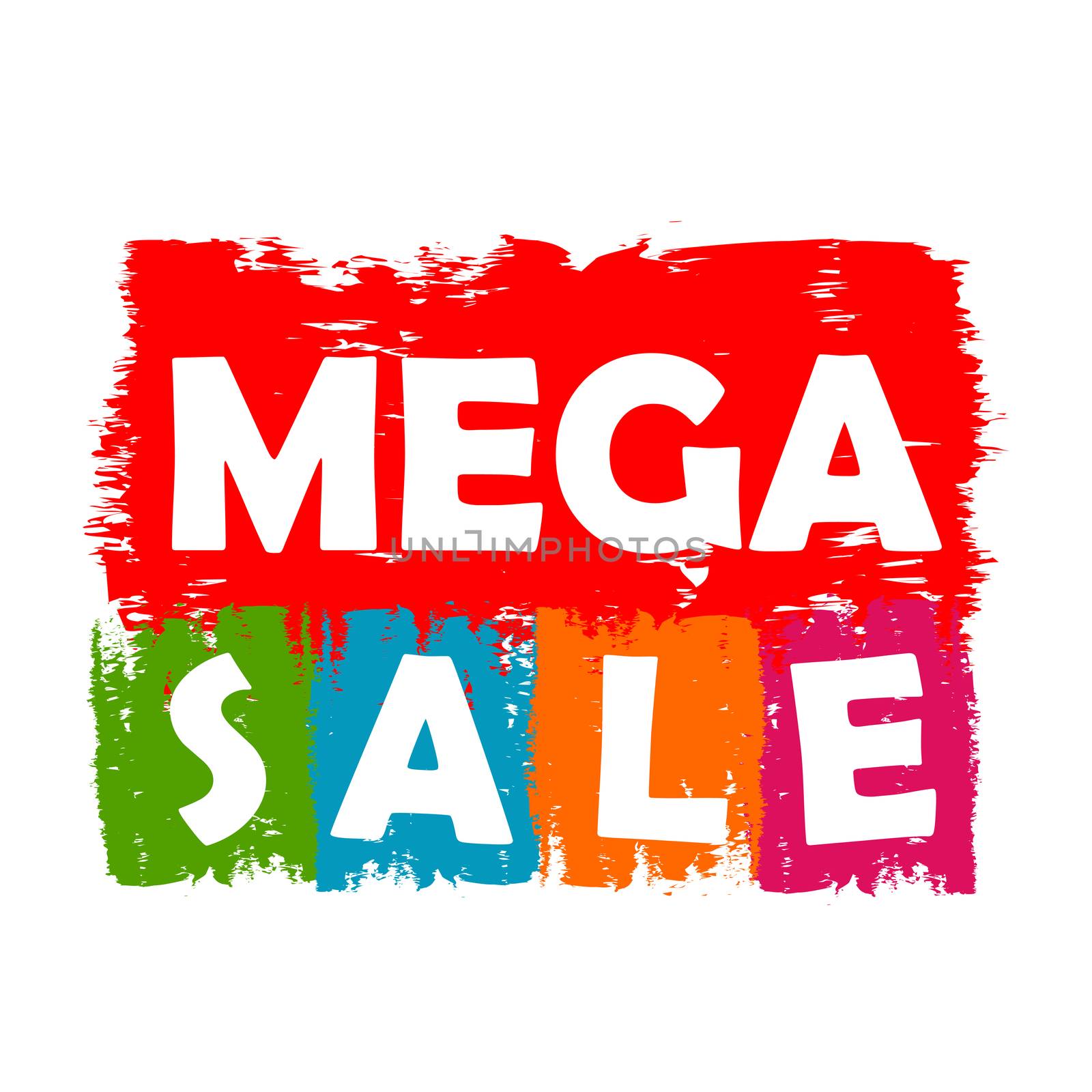 mega sale drawn label - text in red, green, blue, orange and purple banner, business shopping concept